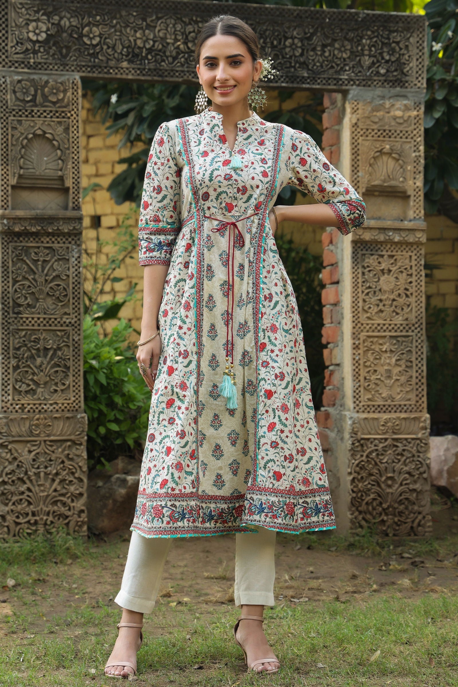 Juniper Beige Floral Printed Pure Cotton Flared Kurta.