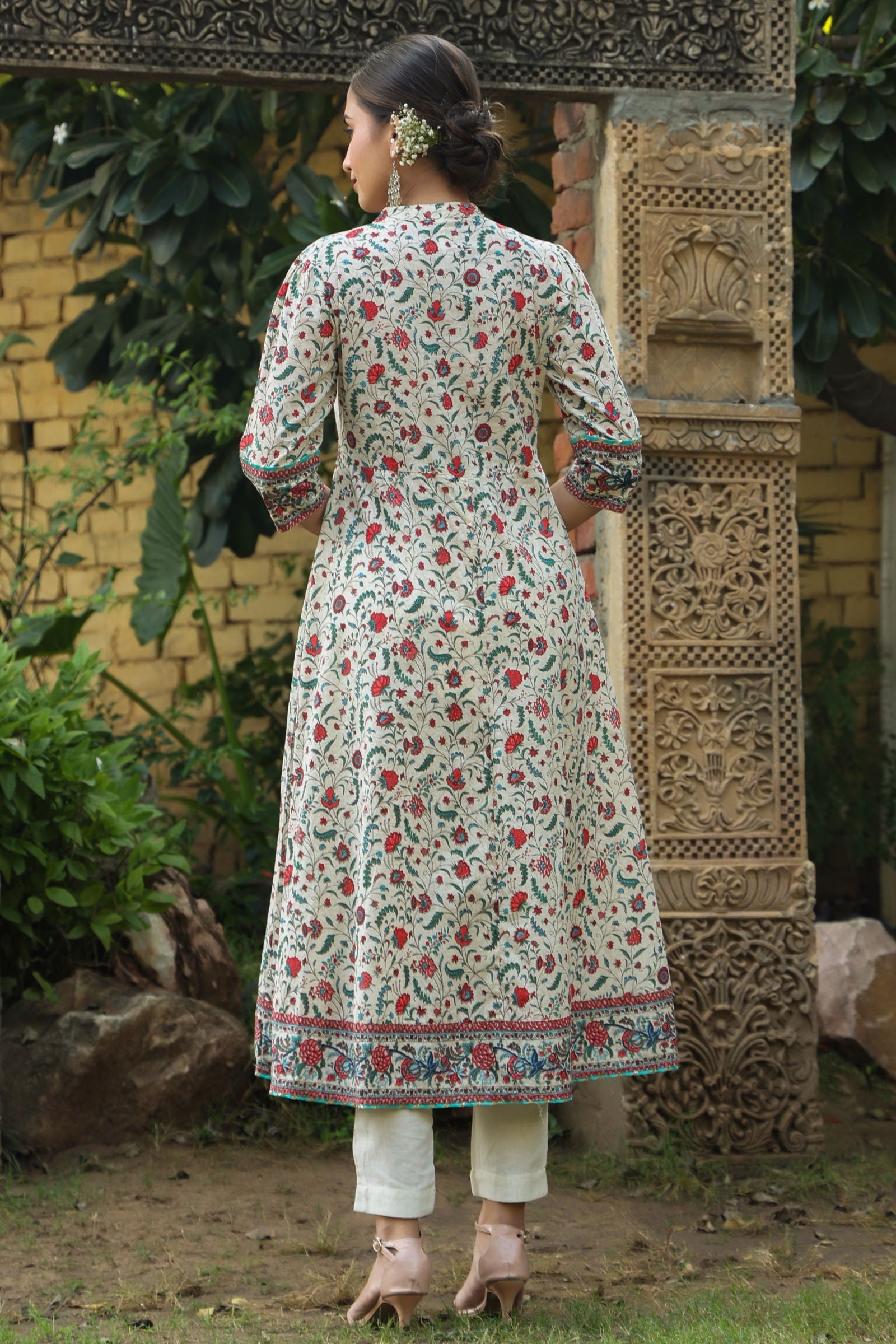 Juniper Beige Floral Printed Pure Cotton Flared Kurta.
