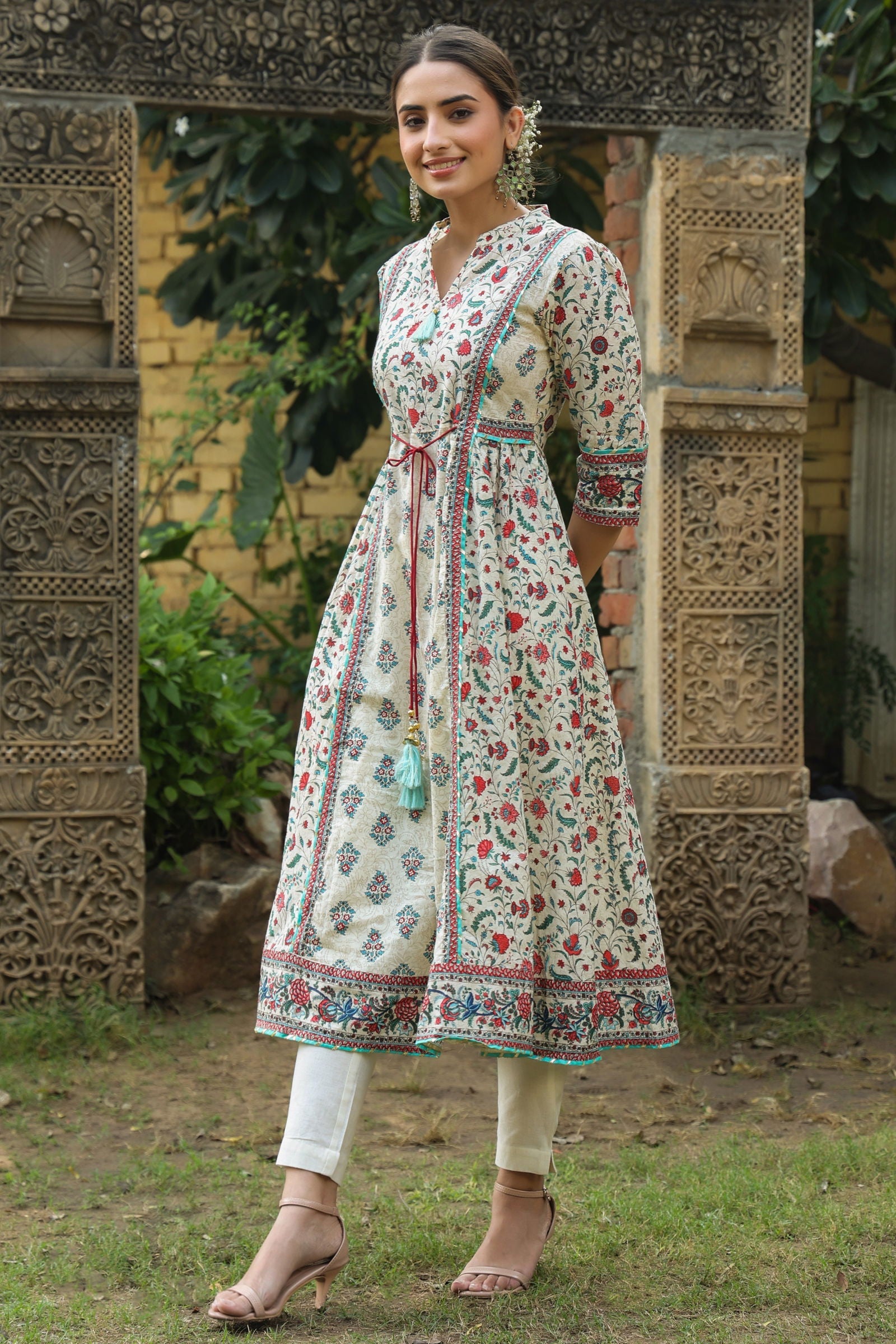 Juniper Beige Floral Printed Pure Cotton Flared Kurta.