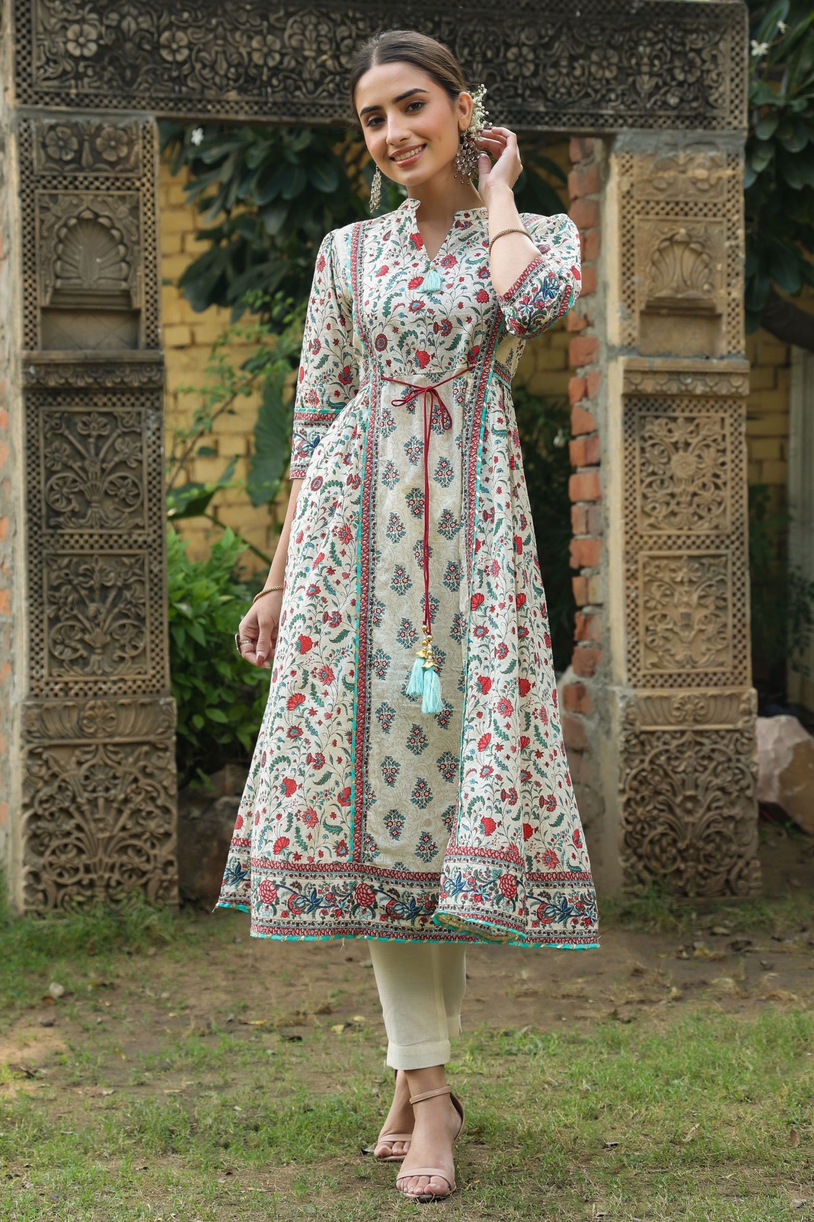 Juniper Beige Floral Printed Pure Cotton Flared Kurta.