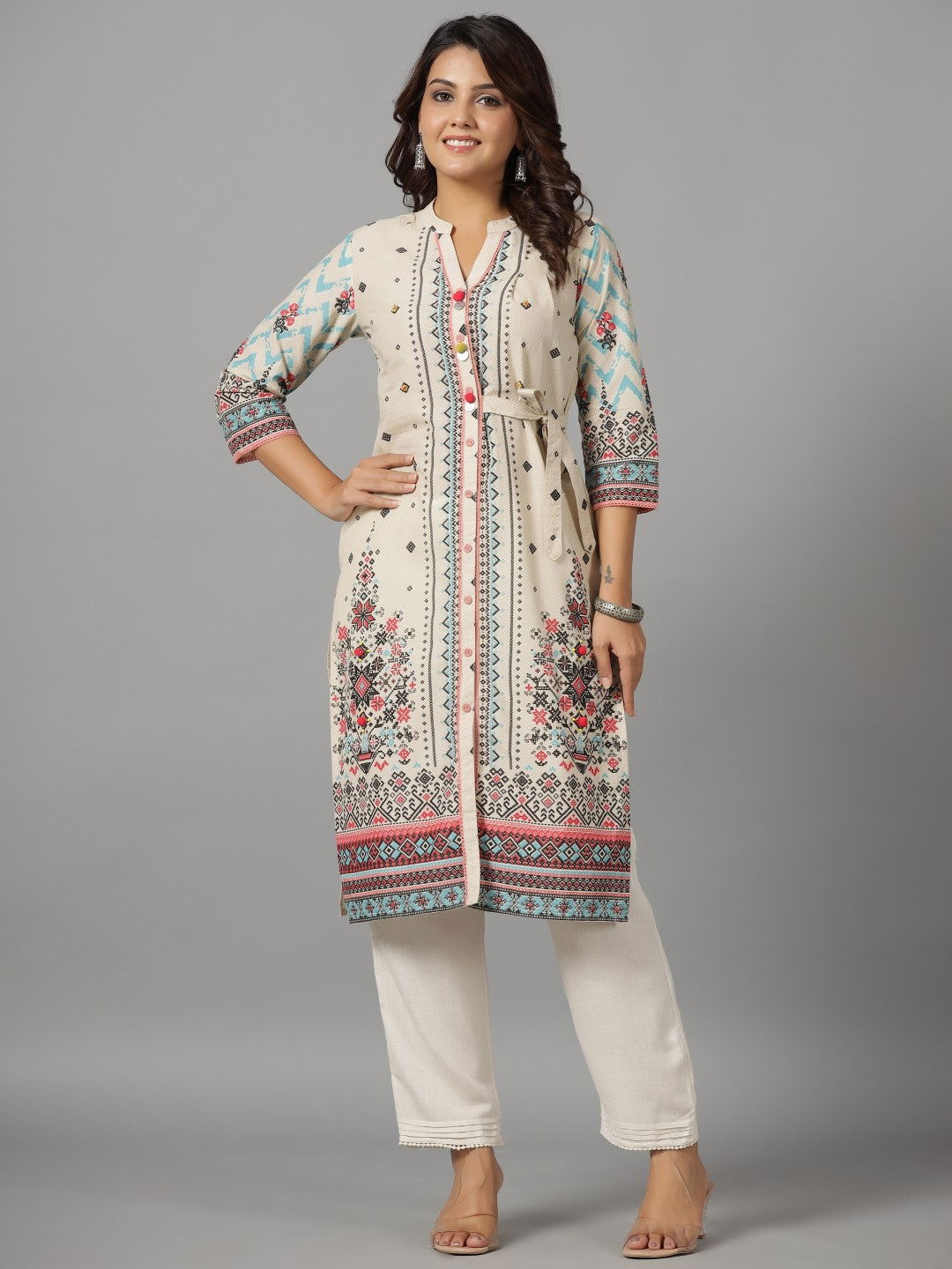 Juniper Beige Geometric Printed Cotton Fusion Kurta With Contrast 3D Beadwork Side Tie-Ups & Coins