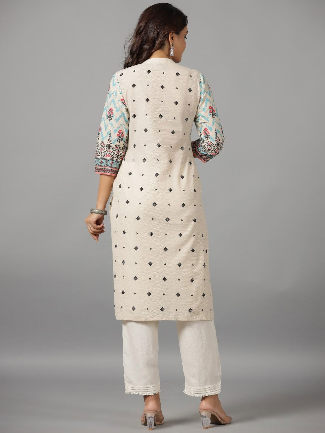 Juniper Beige Geometric Printed Cotton Fusion Kurta With Contrast 3D Beadwork Side Tie-Ups & Coins