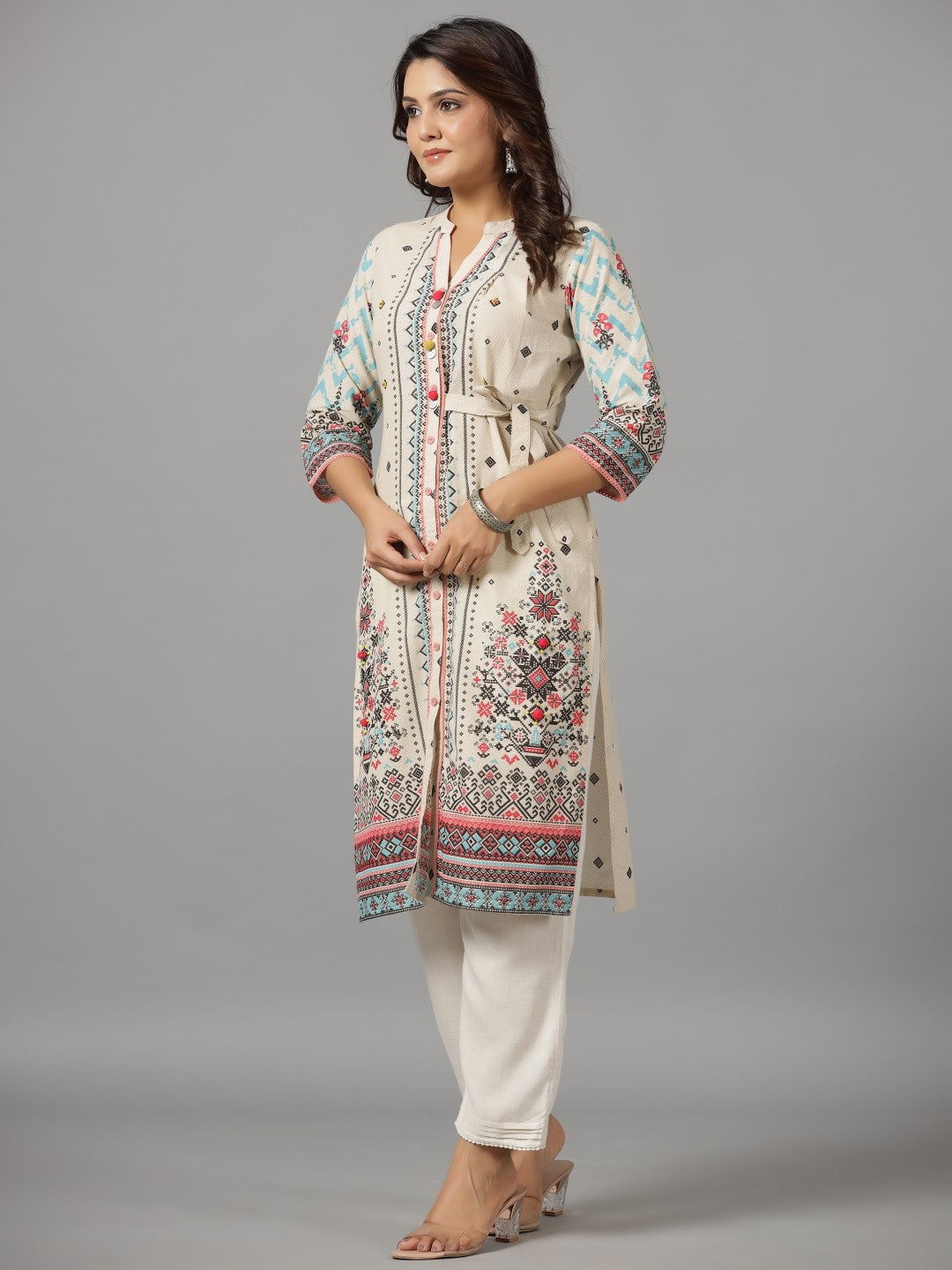 Juniper Beige Geometric Printed Cotton Fusion Kurta With Contrast 3D Beadwork Side Tie-Ups & Coins