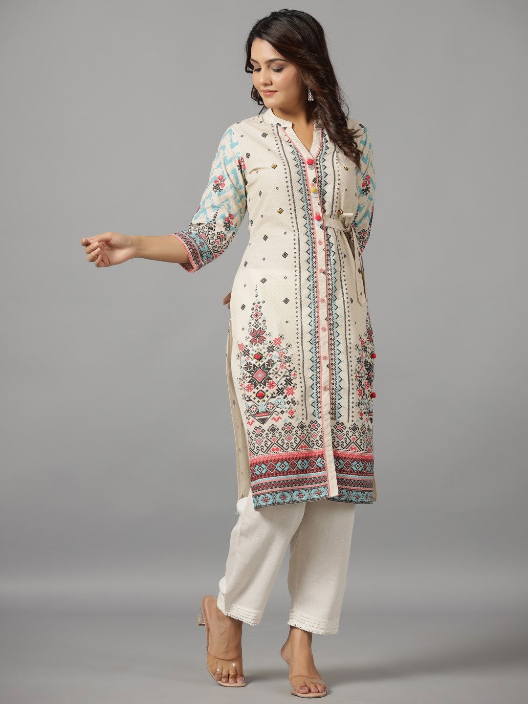 Juniper Beige Geometric Printed Cotton Fusion Kurta With Contrast 3D Beadwork Side Tie-Ups & Coins