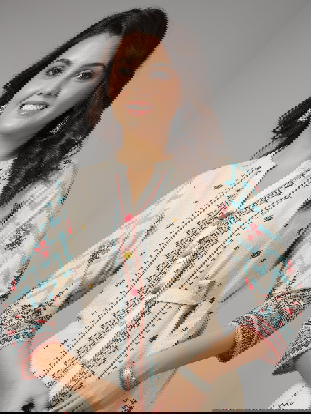 Juniper Beige Geometric Printed Cotton Fusion Kurta With Contrast 3D Beadwork Side Tie-Ups & Coins