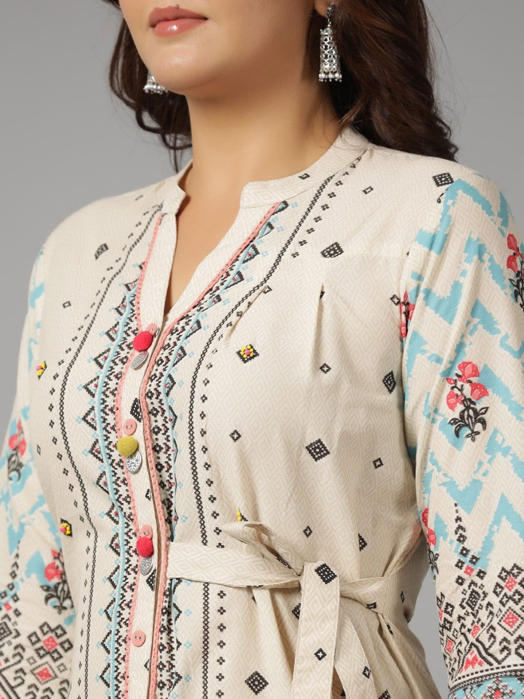 Juniper Beige Geometric Printed Cotton Fusion Kurta With Contrast 3D Beadwork Side Tie-Ups & Coins