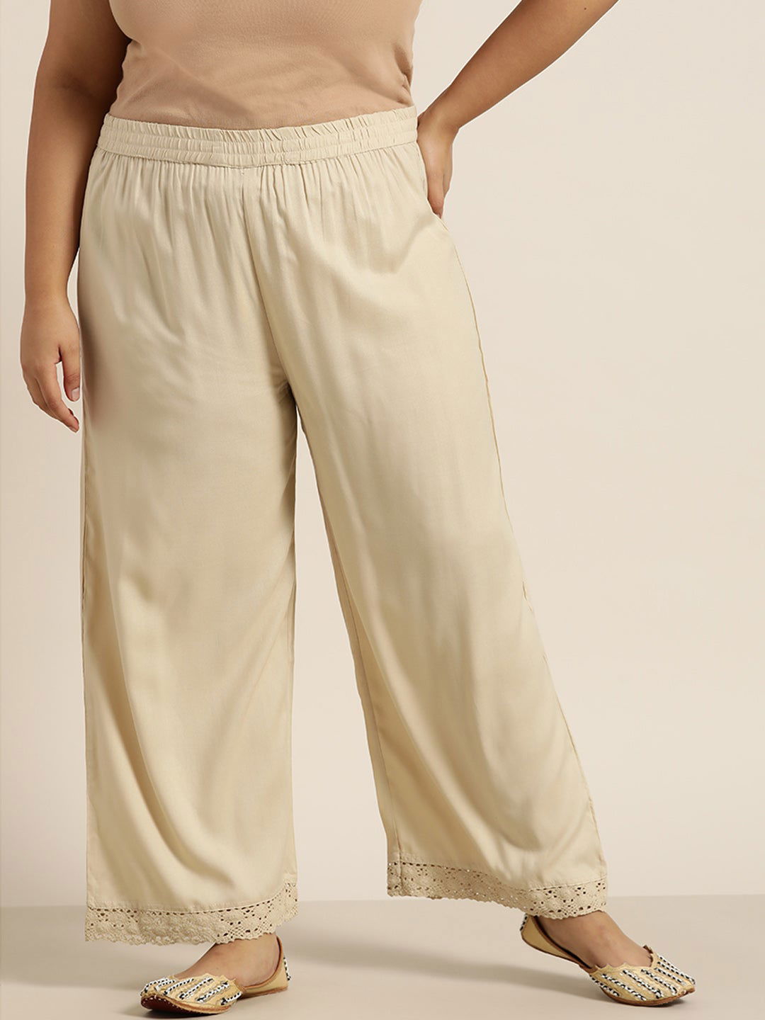 Juniper Beige LIVA Rayon Embellished Wide-Leg Palazzo