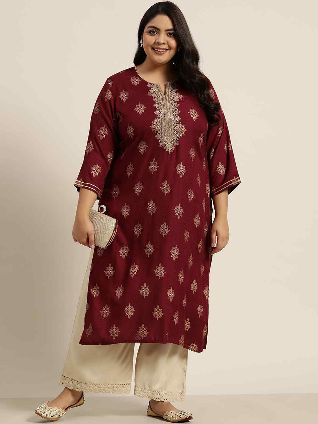 Juniper Beige LIVA Rayon Embellished Wide-Leg Palazzo