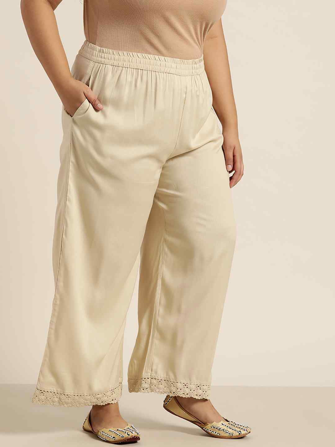 Juniper Beige LIVA Rayon Embellished Wide-Leg Palazzo