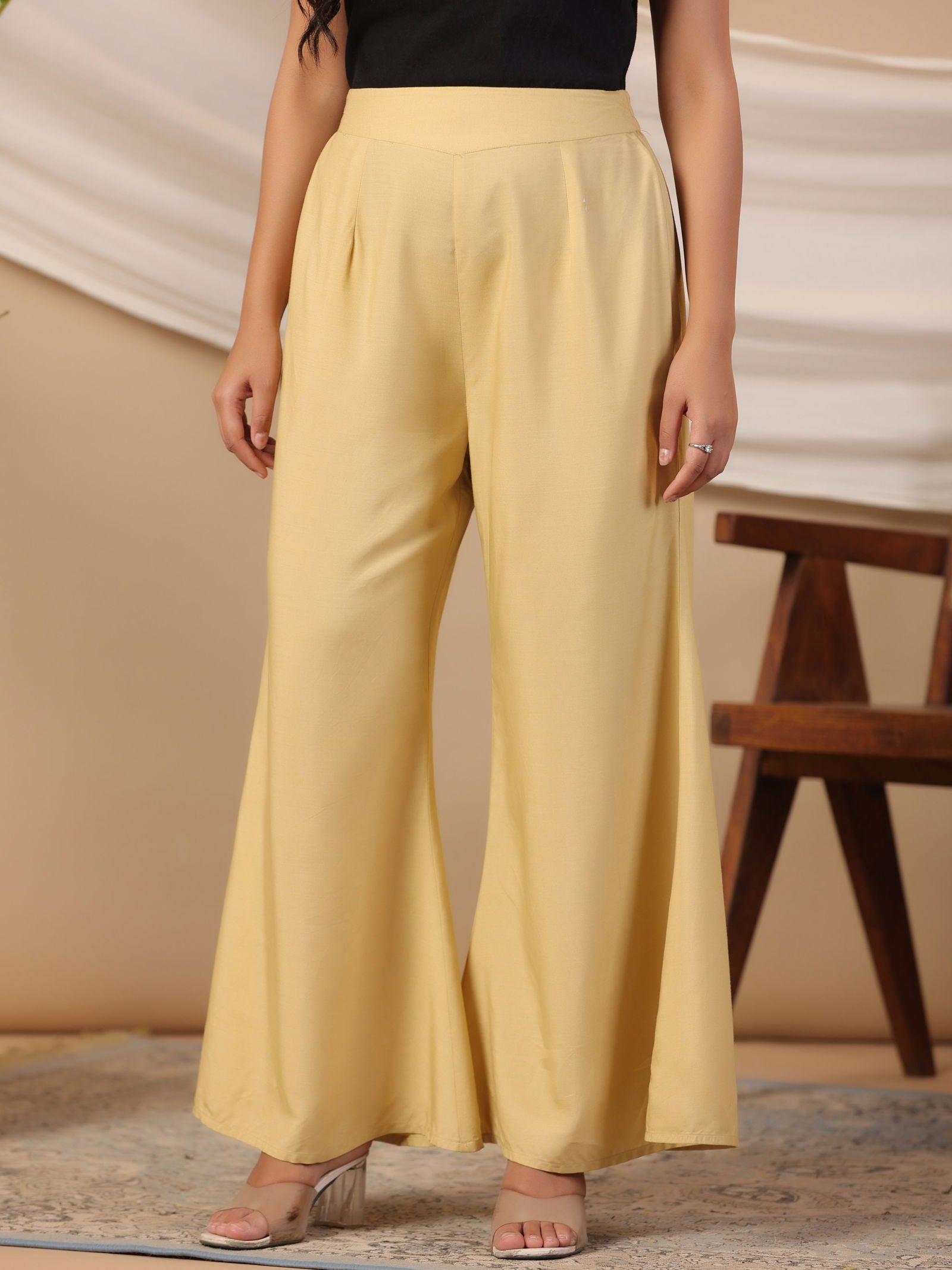 Juniper Beige Modal Rayon Women Partially Elasticated Bell Bottom Pants With Single Side Pocket