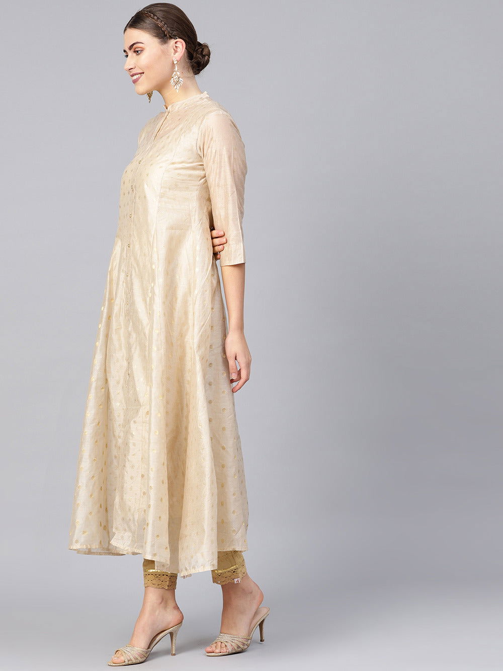 Juniper Beige Polka Dot Printed Chanderi Kalidar Women Kurta
