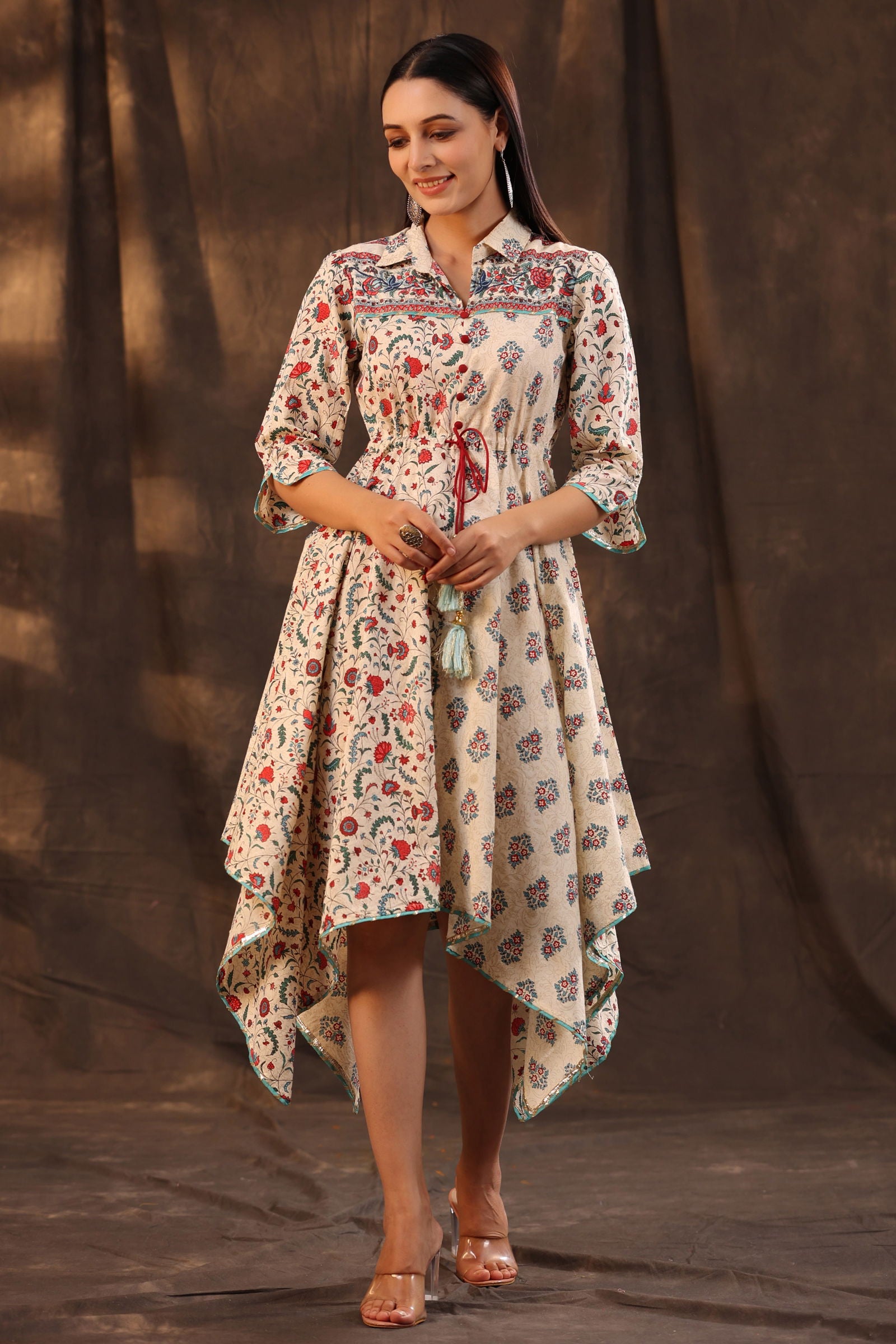 Juniper Beige Pure Cotton Floral Printed Kurta & Palazzo Set With Buttons.