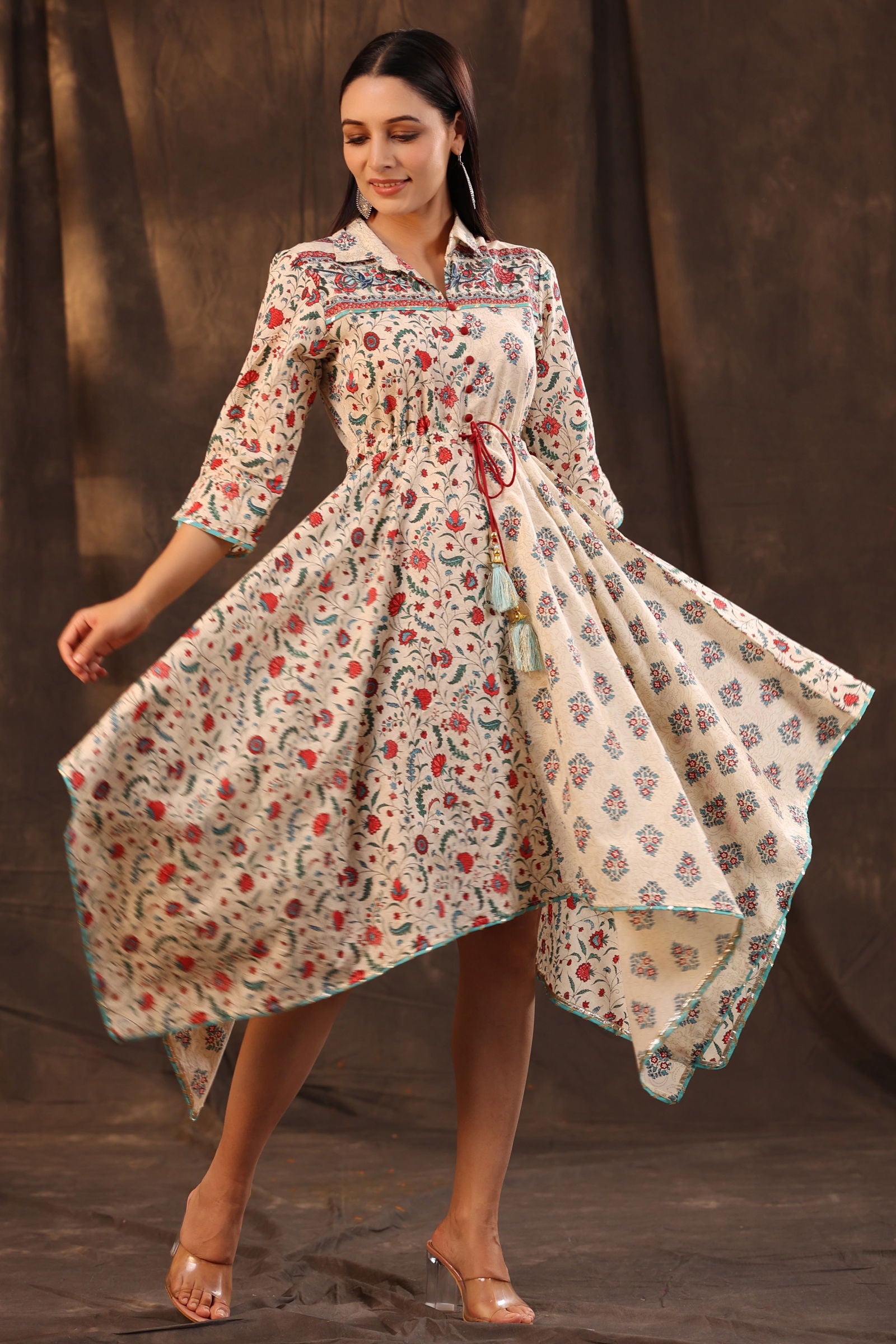 Juniper Beige Pure Cotton Floral Printed Kurta & Palazzo Set With Buttons.