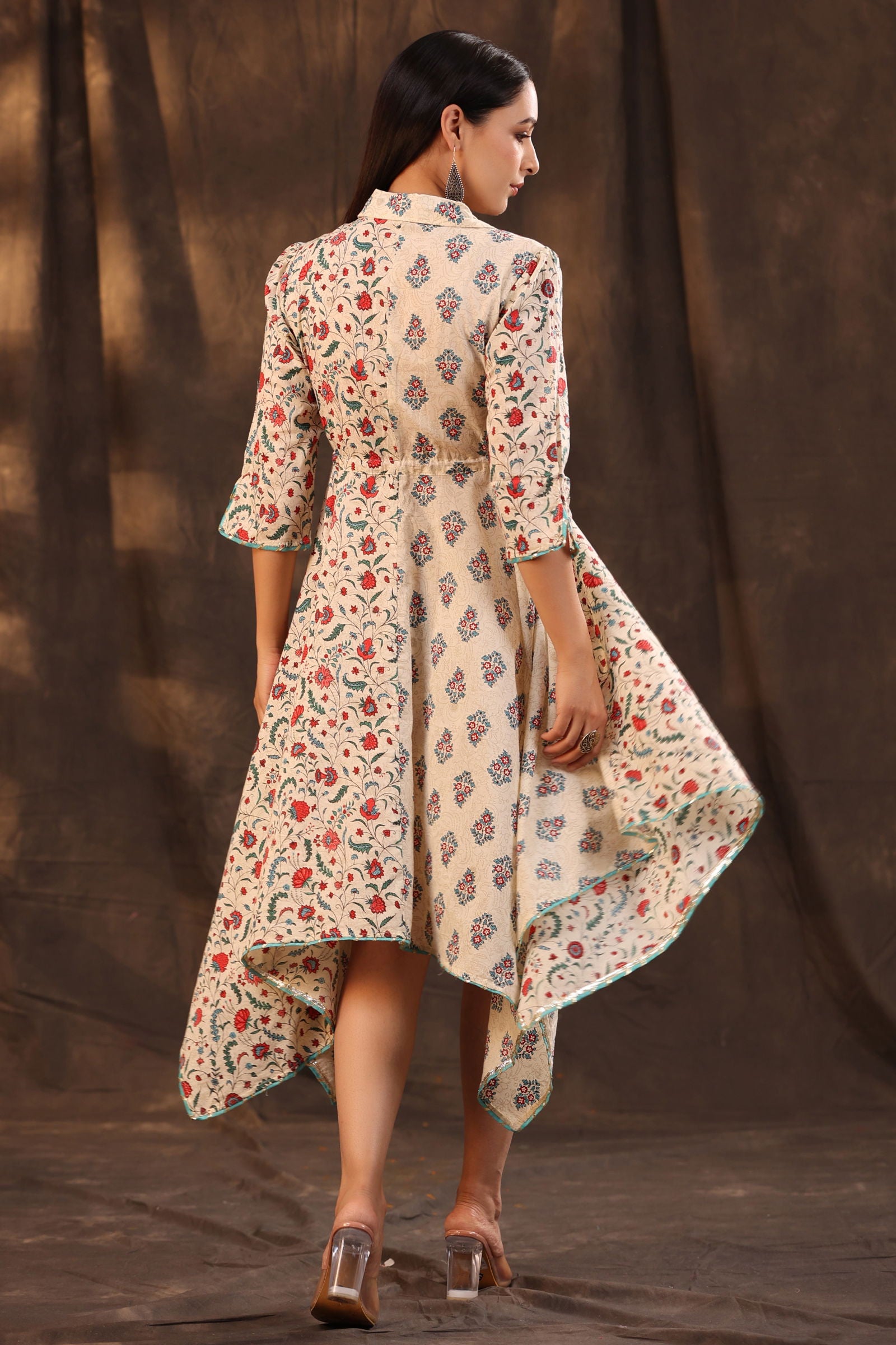 Juniper Beige Pure Cotton Floral Printed Kurta & Palazzo Set With Buttons.