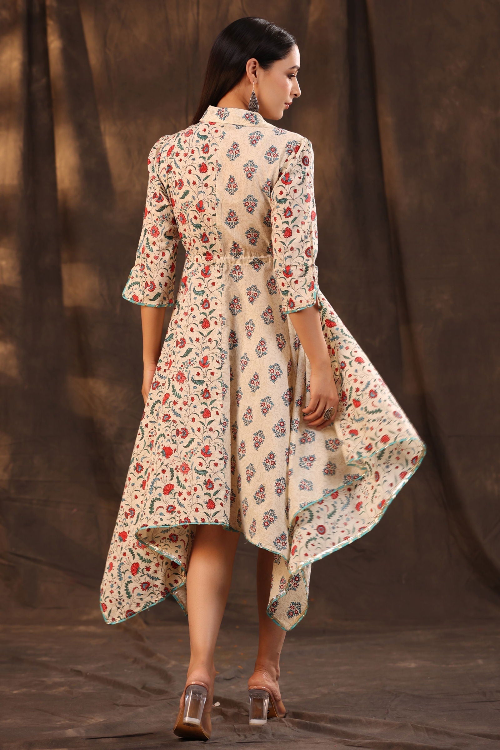 Juniper Beige Pure Cotton Floral Printed Kurta & Palazzo Set With Buttons.