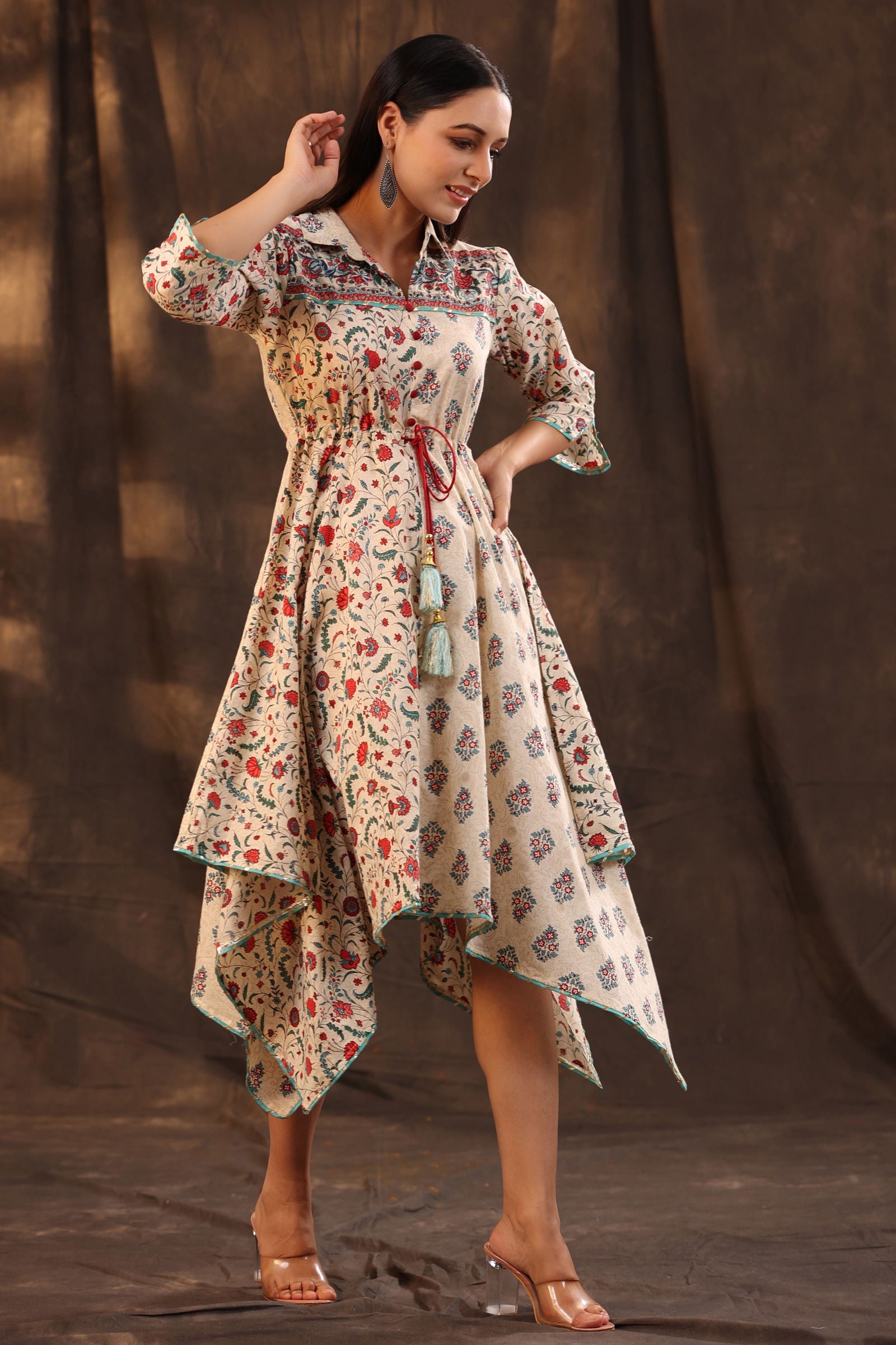 Juniper Beige Pure Cotton Floral Printed Kurta & Palazzo Set With Buttons.