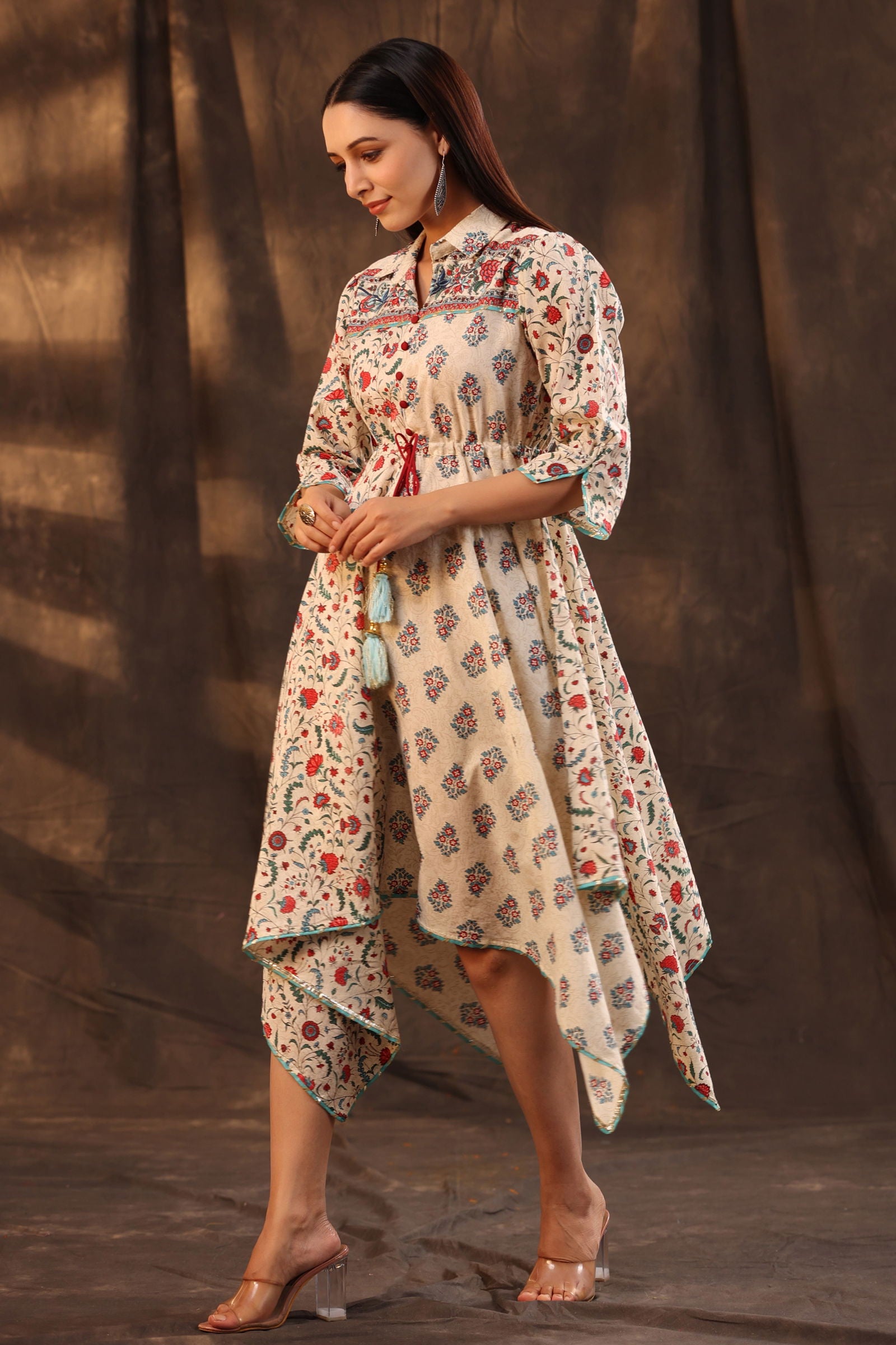 Juniper Beige Pure Cotton Floral Printed Kurta & Palazzo Set With Buttons.