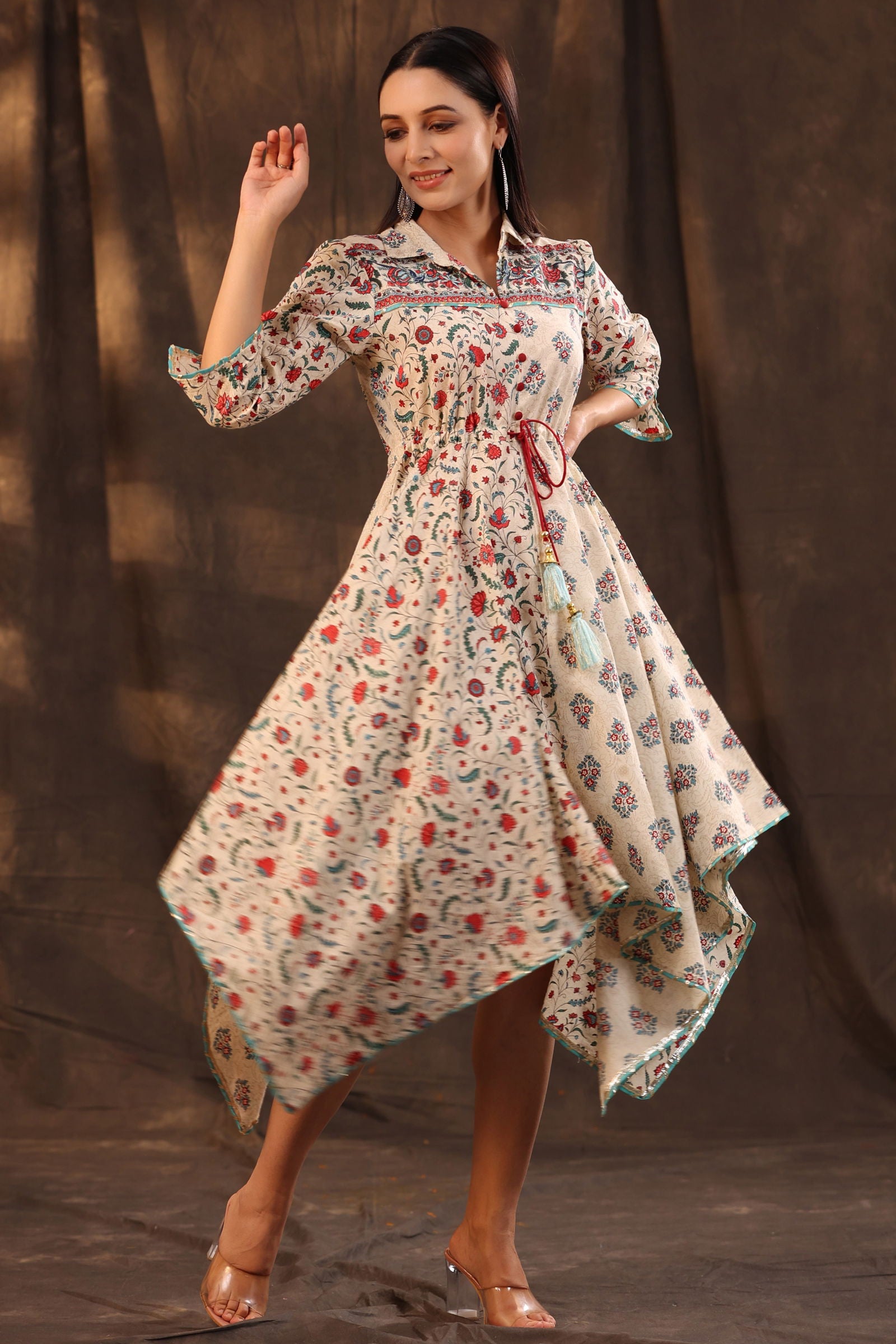 Juniper Beige Pure Cotton Floral Printed Kurta & Palazzo Set With Buttons.