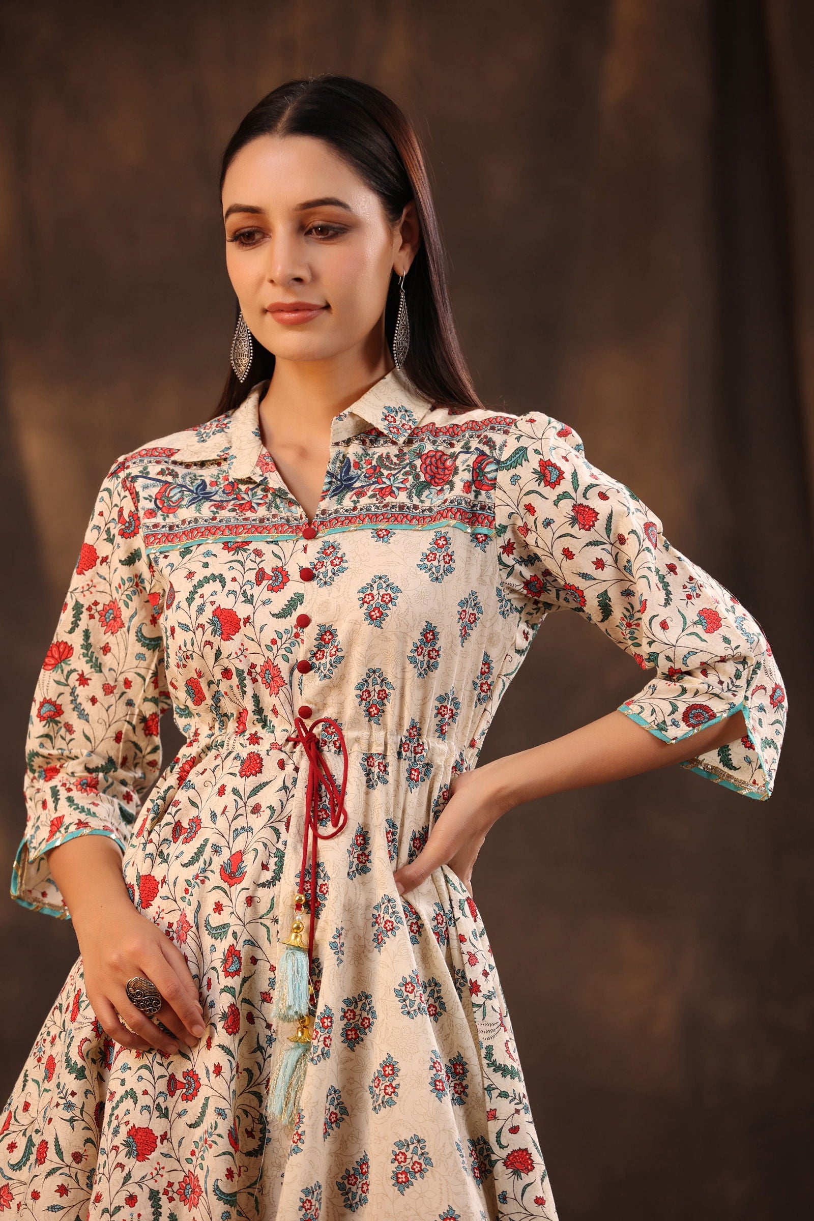 Juniper Beige Pure Cotton Floral Printed Kurta & Palazzo Set With Buttons.