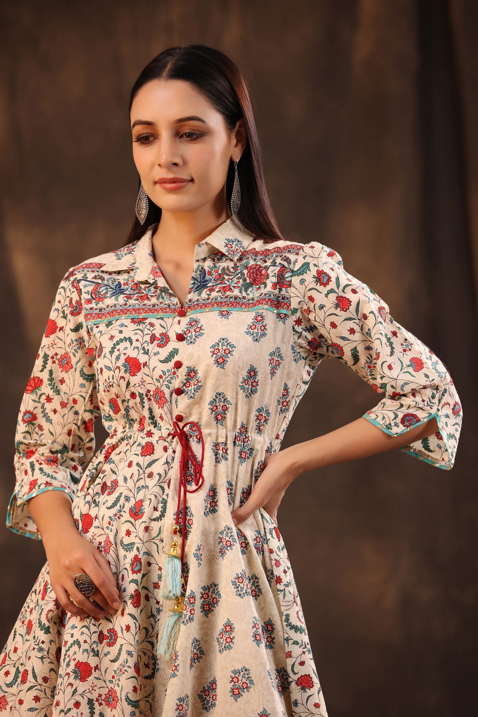 Juniper Beige Pure Cotton Floral Printed Kurta & Palazzo Set With Buttons.