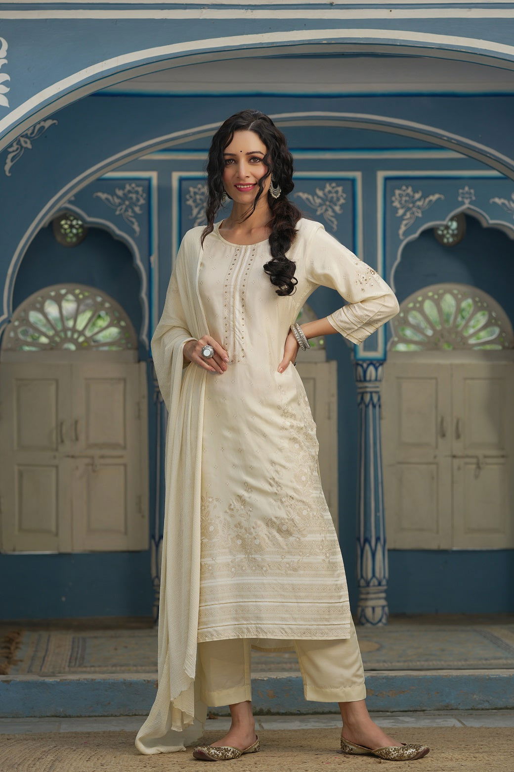 Juniper Beige Shantoon Festive Printed Straight Kurta Sets For Women