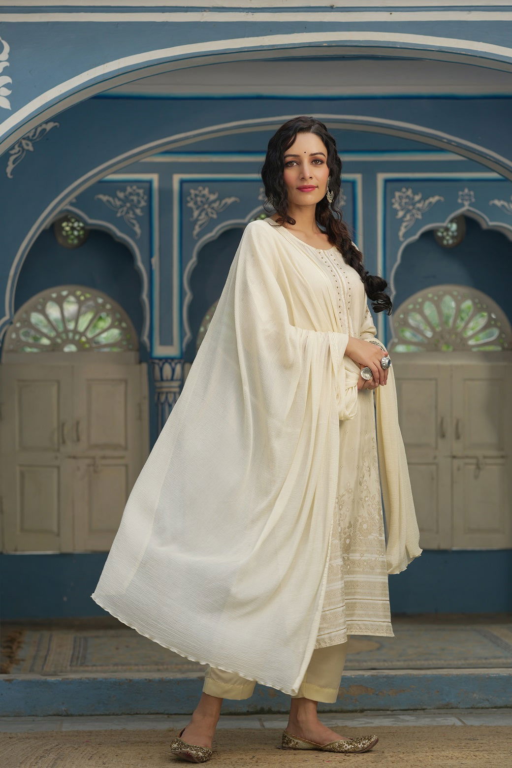 Juniper Beige Shantoon Festive Printed Straight Kurta Sets For Women