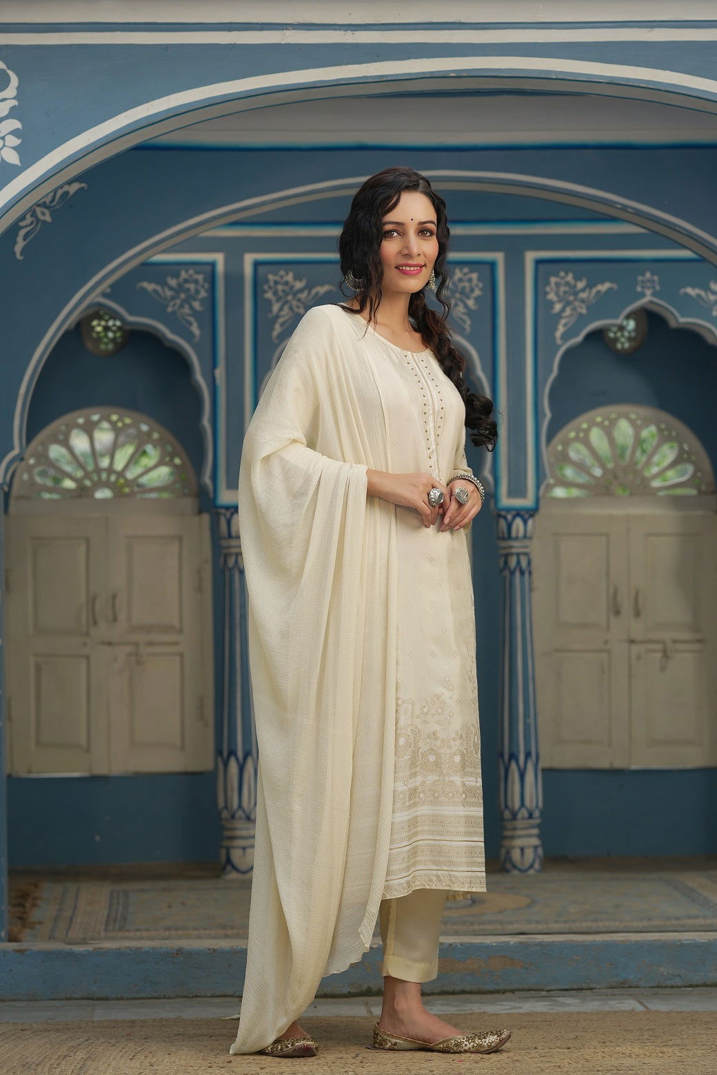 Juniper Beige Shantoon Festive Printed Straight Kurta Sets For Women