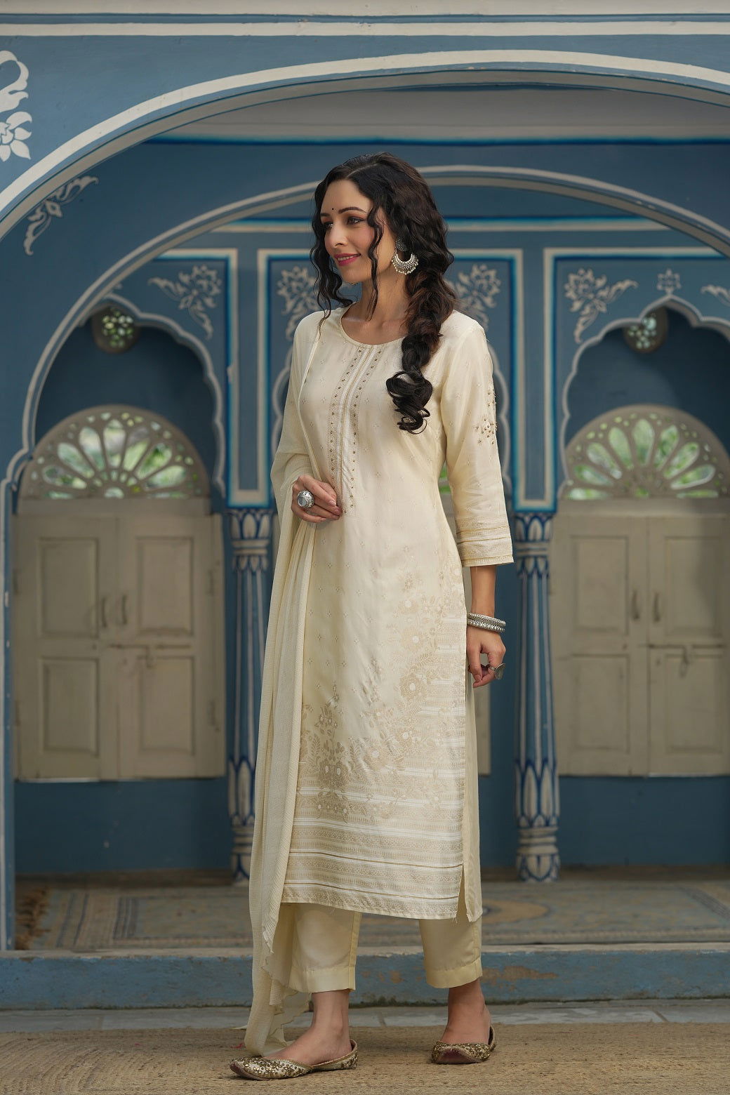 Juniper Beige Shantoon Festive Printed Straight Kurta Sets For Women