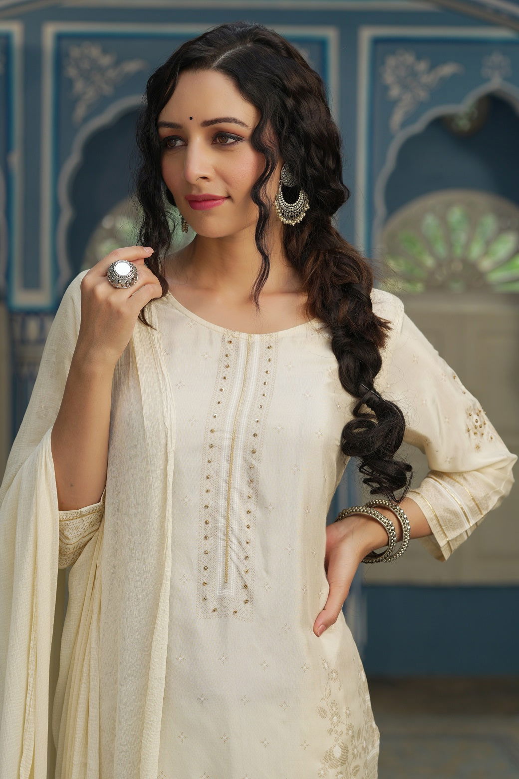 Juniper Beige Shantoon Festive Printed Straight Kurta Sets For Women