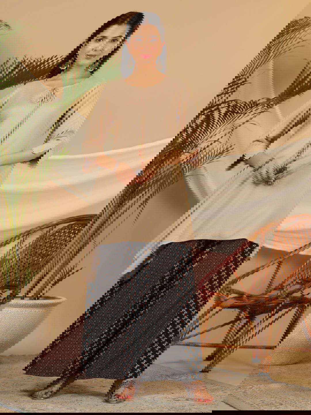 Juniper Beige Solid Printed Rayon Slub Kurta With Palazzo set