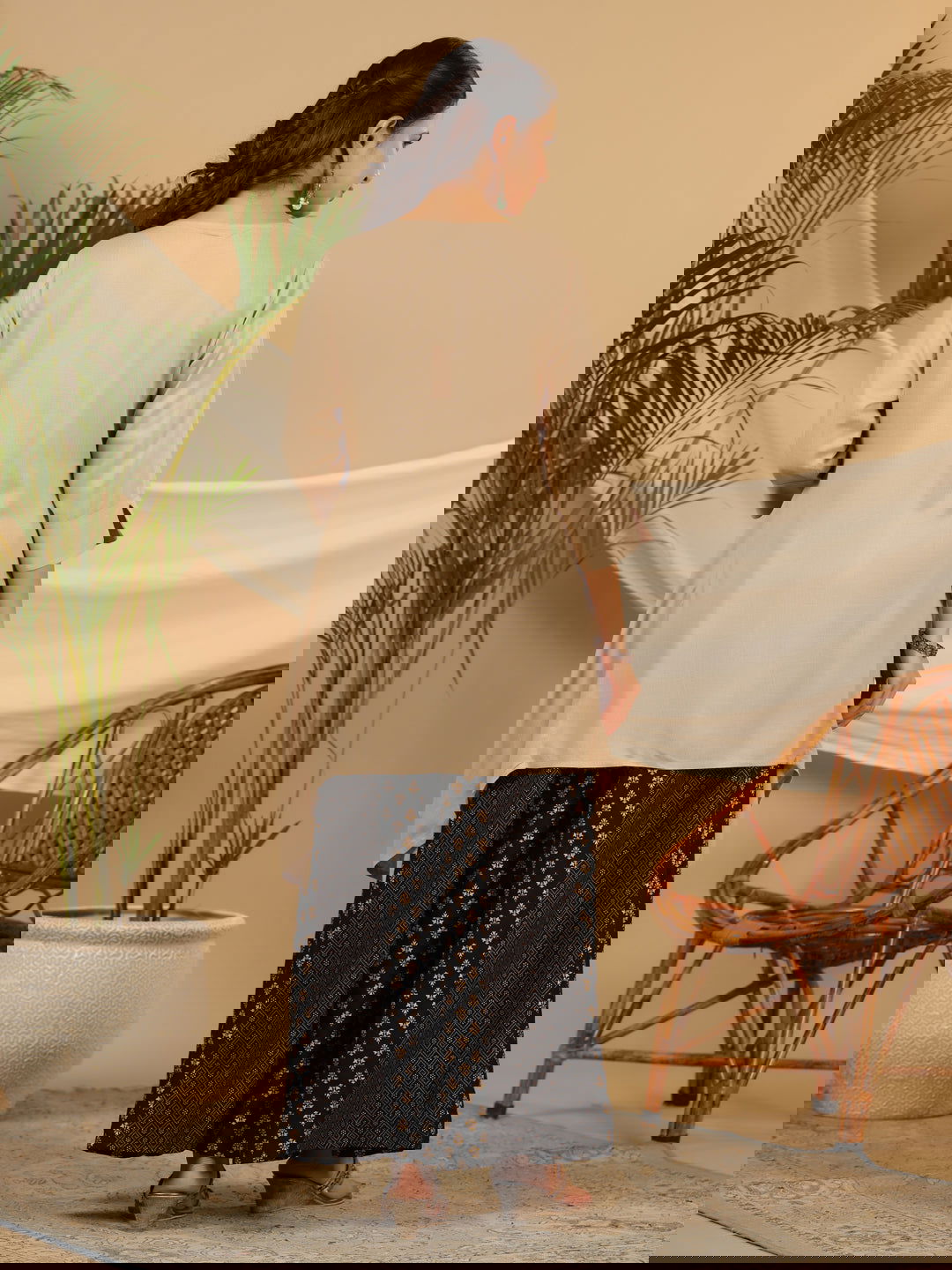 Juniper Beige Solid Printed Rayon Slub Kurta With Palazzo set