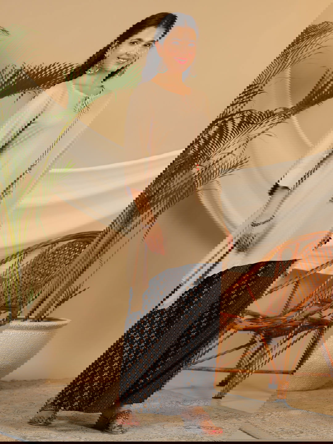 Juniper Beige Solid Printed Rayon Slub Kurta With Palazzo set