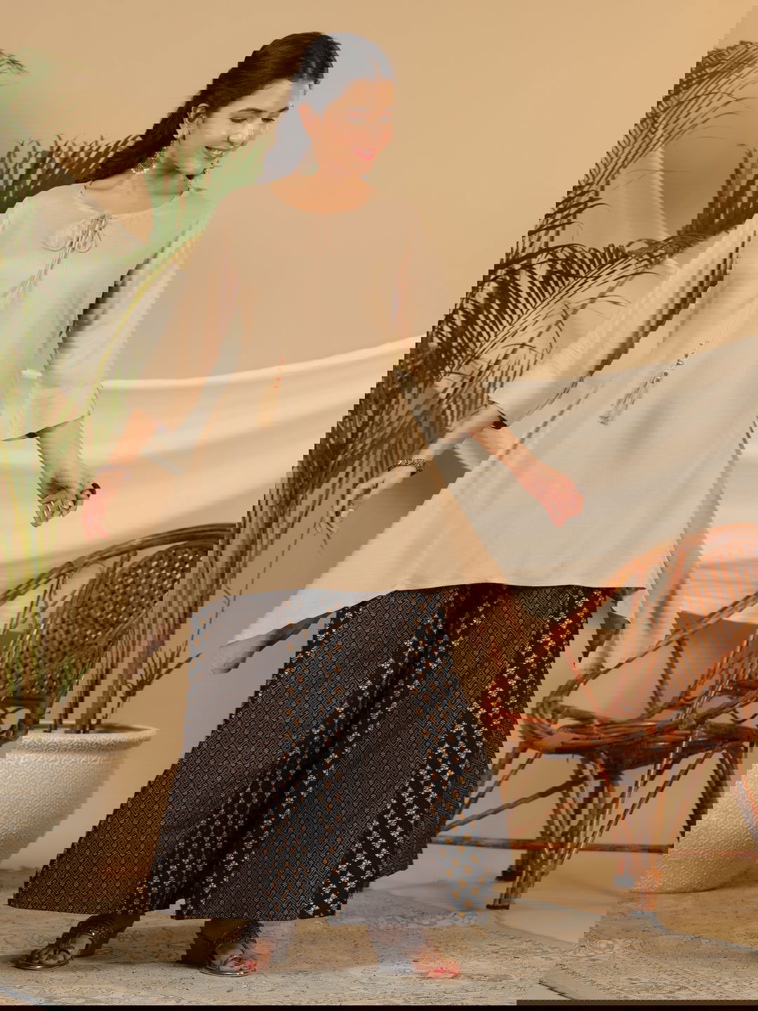 Juniper Beige Solid Printed Rayon Slub Kurta With Palazzo set