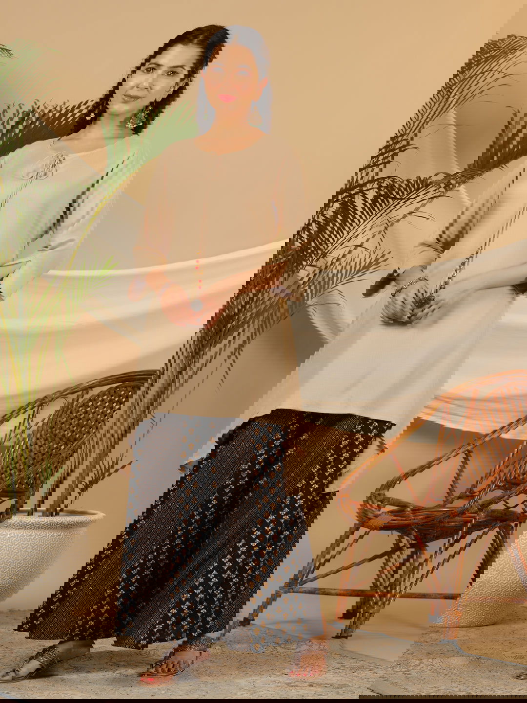 Juniper Beige Solid Printed Rayon Slub Kurta With Palazzo set