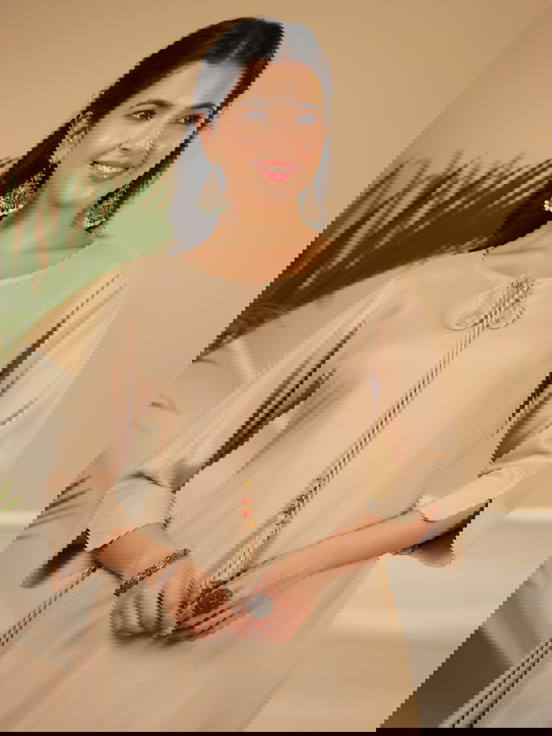 Juniper Beige Solid Printed Rayon Slub Kurta With Palazzo set