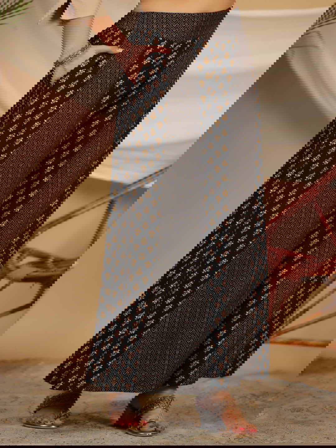 Juniper Beige Solid Printed Rayon Slub Kurta With Palazzo set