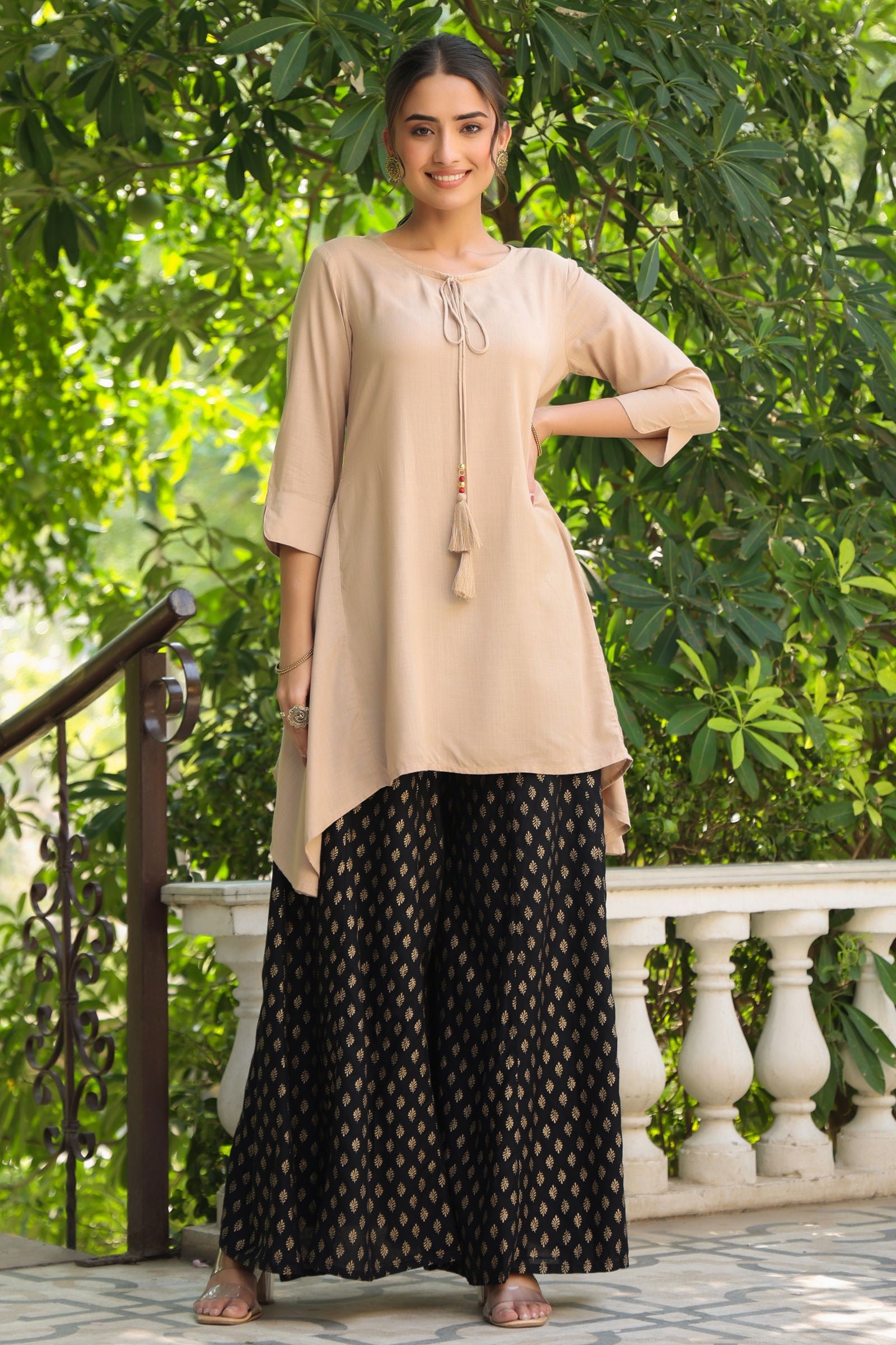 Juniper Beige Solid Rayon Slub Asymmetric Women Kurta With Tie-ups