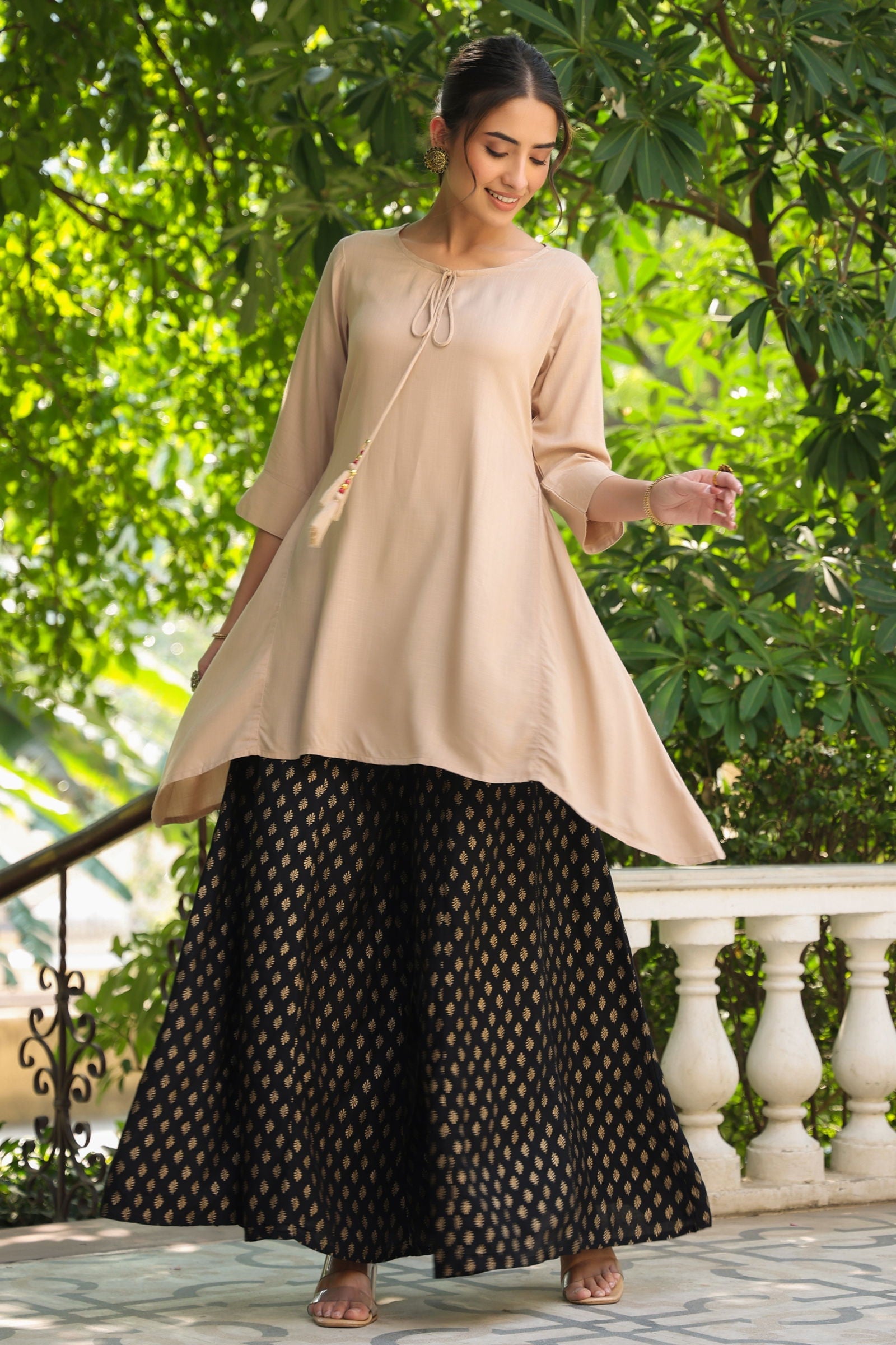 Juniper Beige Solid Rayon Slub Asymmetric Women Kurta With Tie-ups