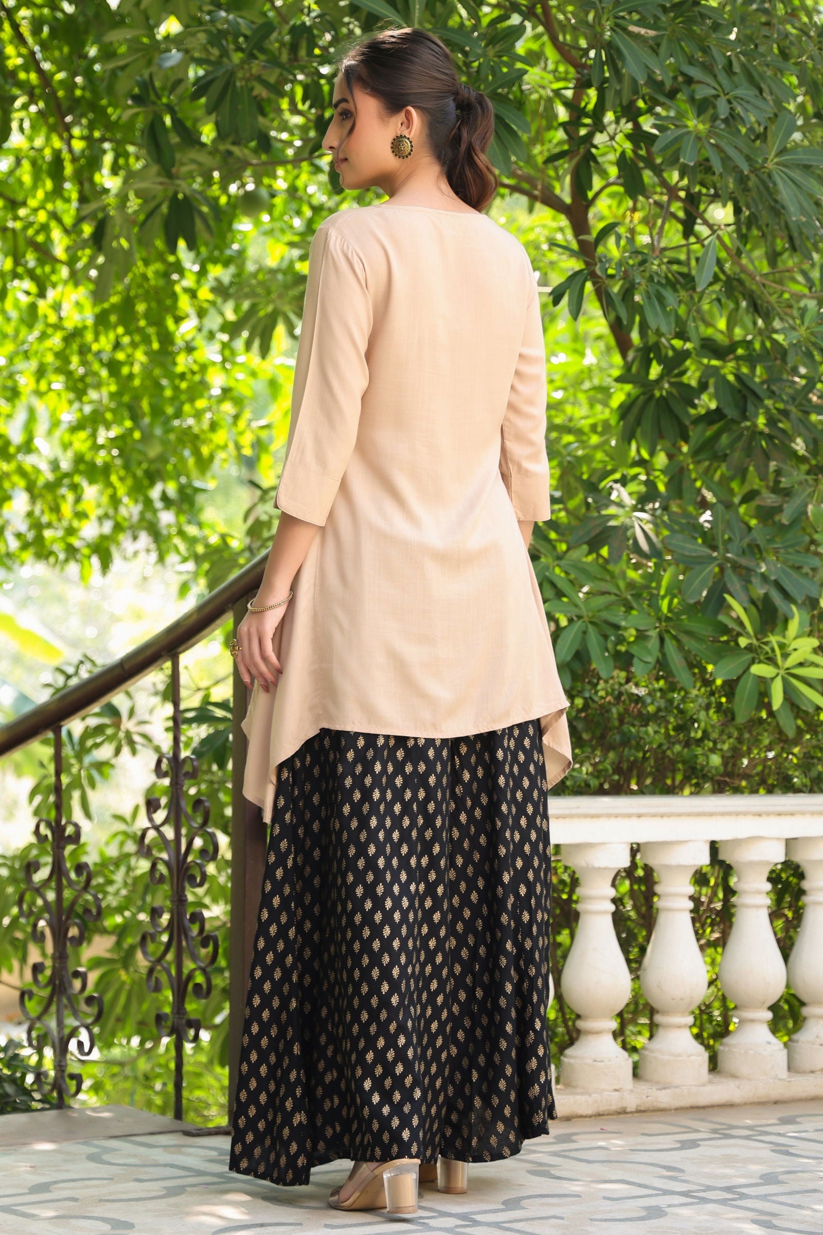Juniper Beige Solid Rayon Slub Asymmetric Women Kurta With Tie-ups