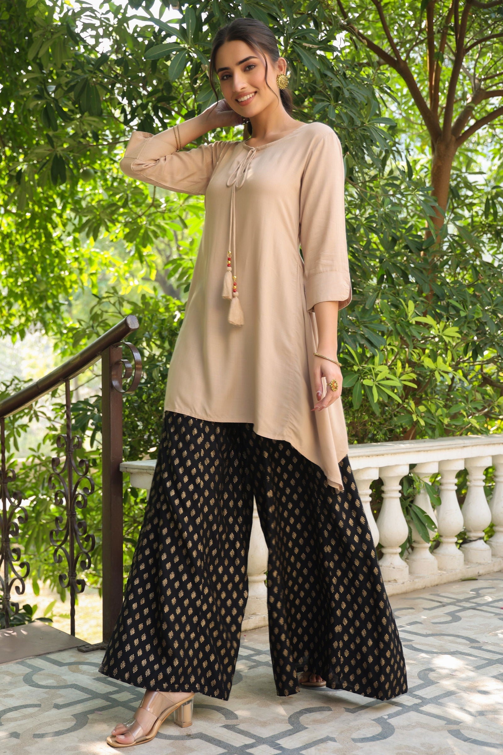 Juniper Beige Solid Rayon Slub Asymmetric Women Kurta With Tie-ups