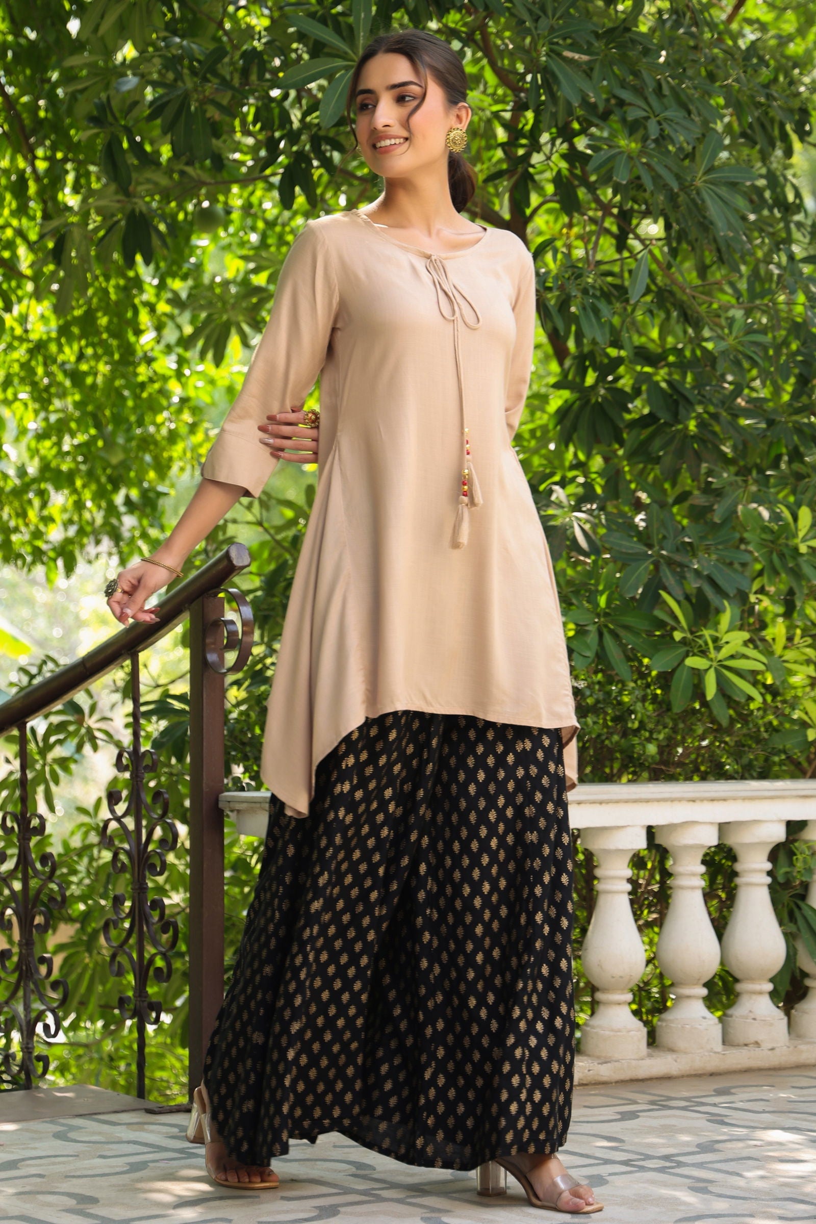 Juniper Beige Solid Rayon Slub Asymmetric Women Kurta With Tie-ups