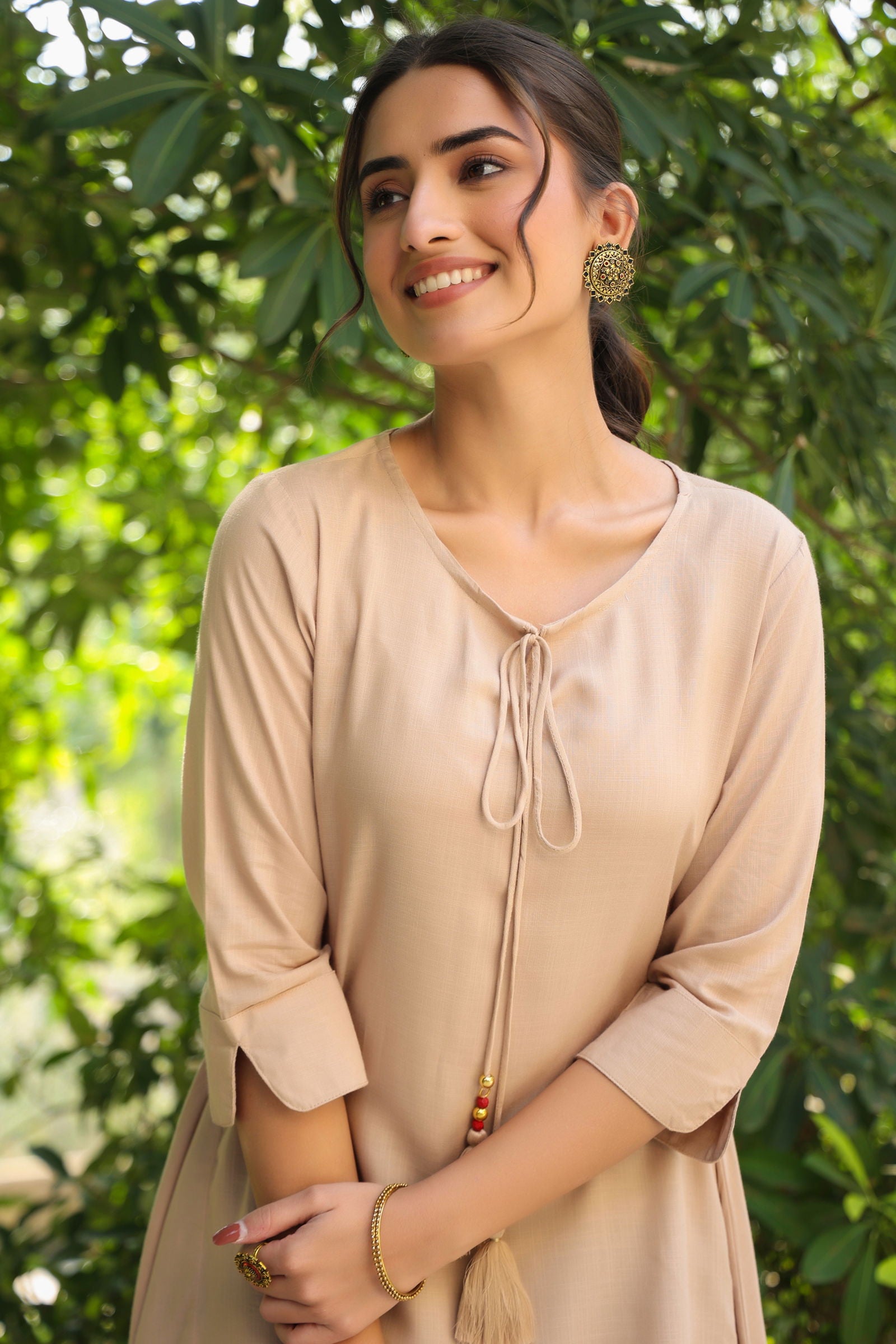Juniper Beige Solid Rayon Slub Asymmetric Women Kurta With Tie-ups