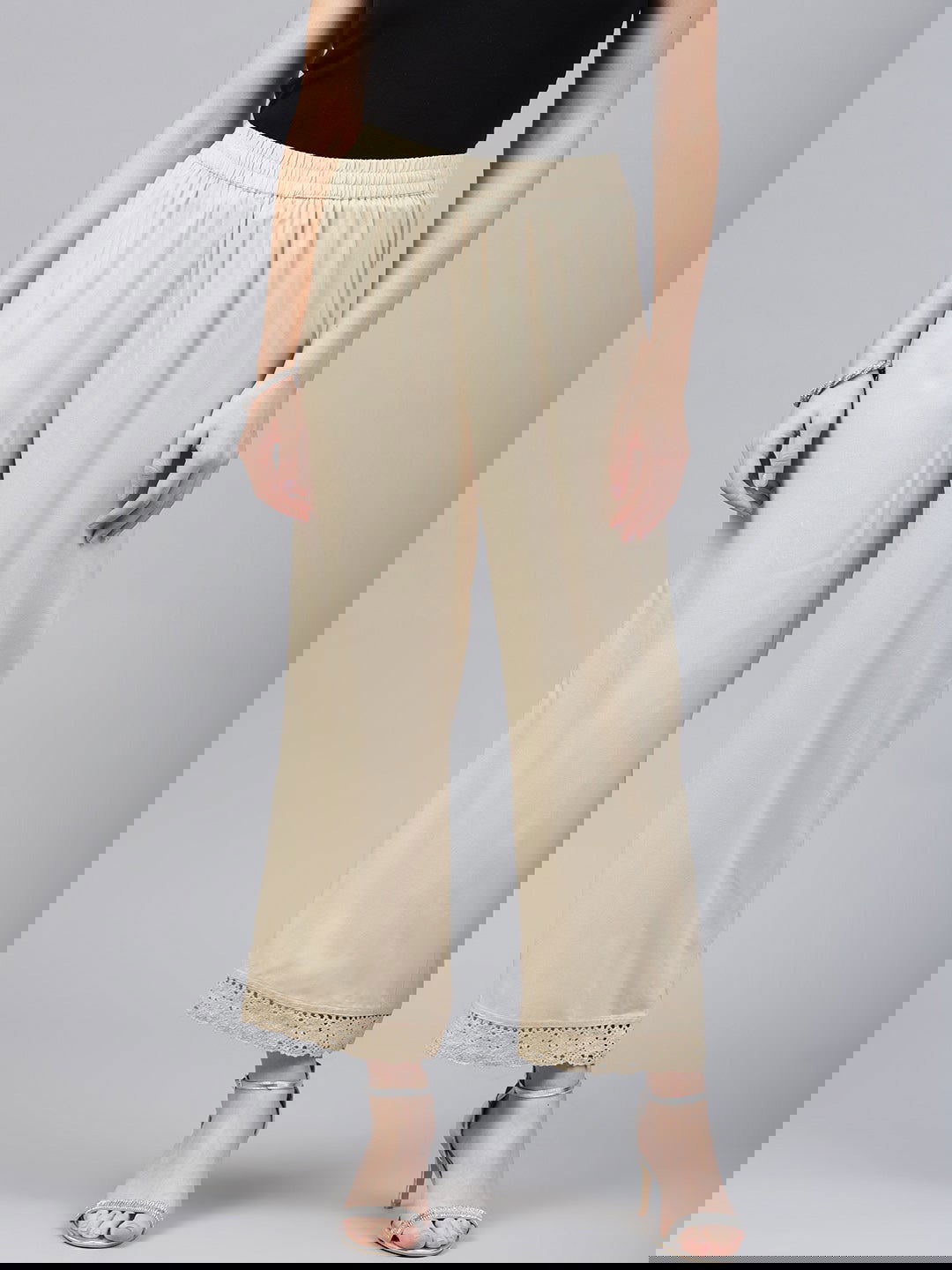 Juniper Beige Solid Rayon Wide Leg Women Palazzo With One Pocket