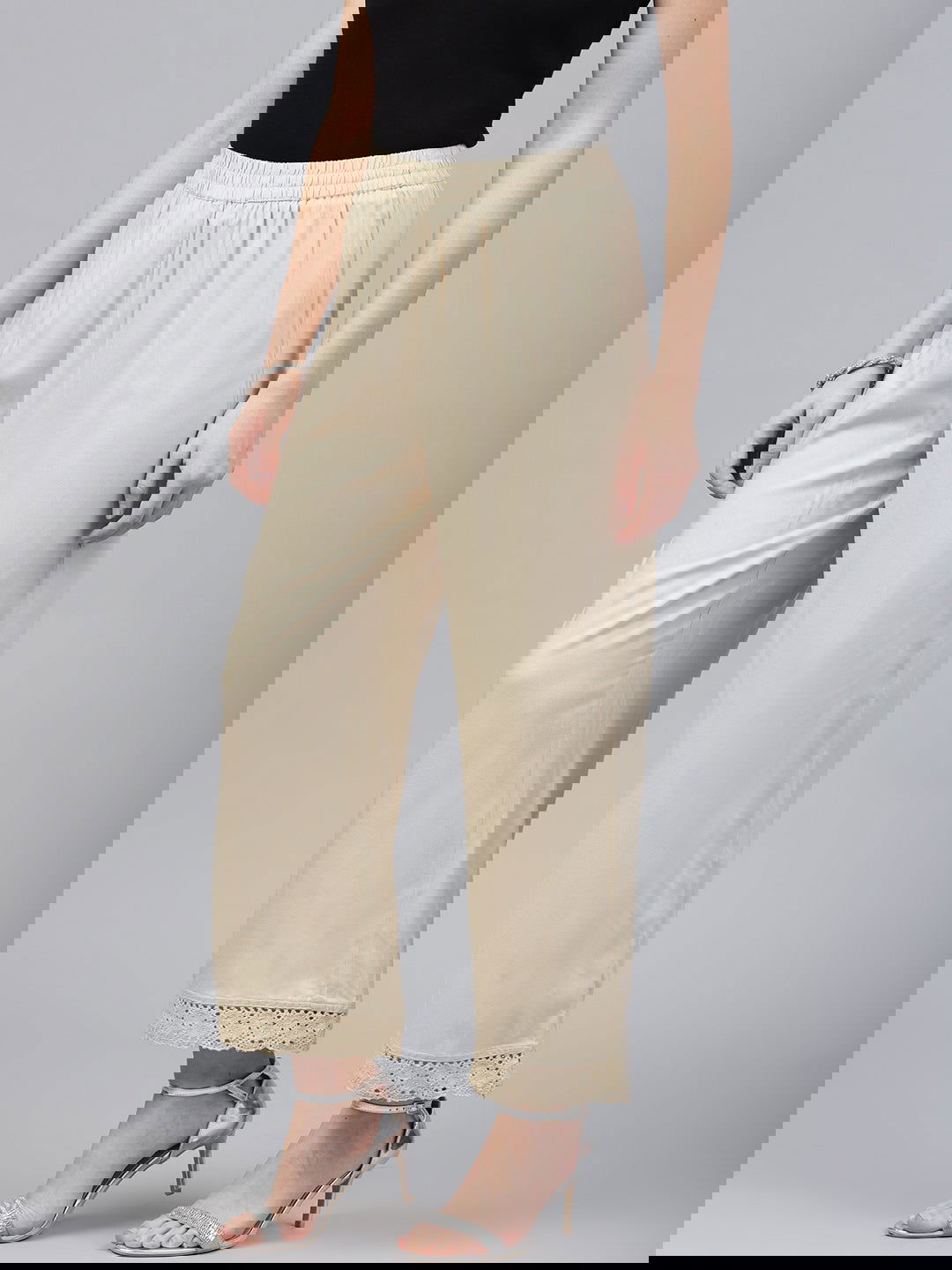 Juniper Beige Solid Rayon Wide Leg Women Palazzo With One Pocket