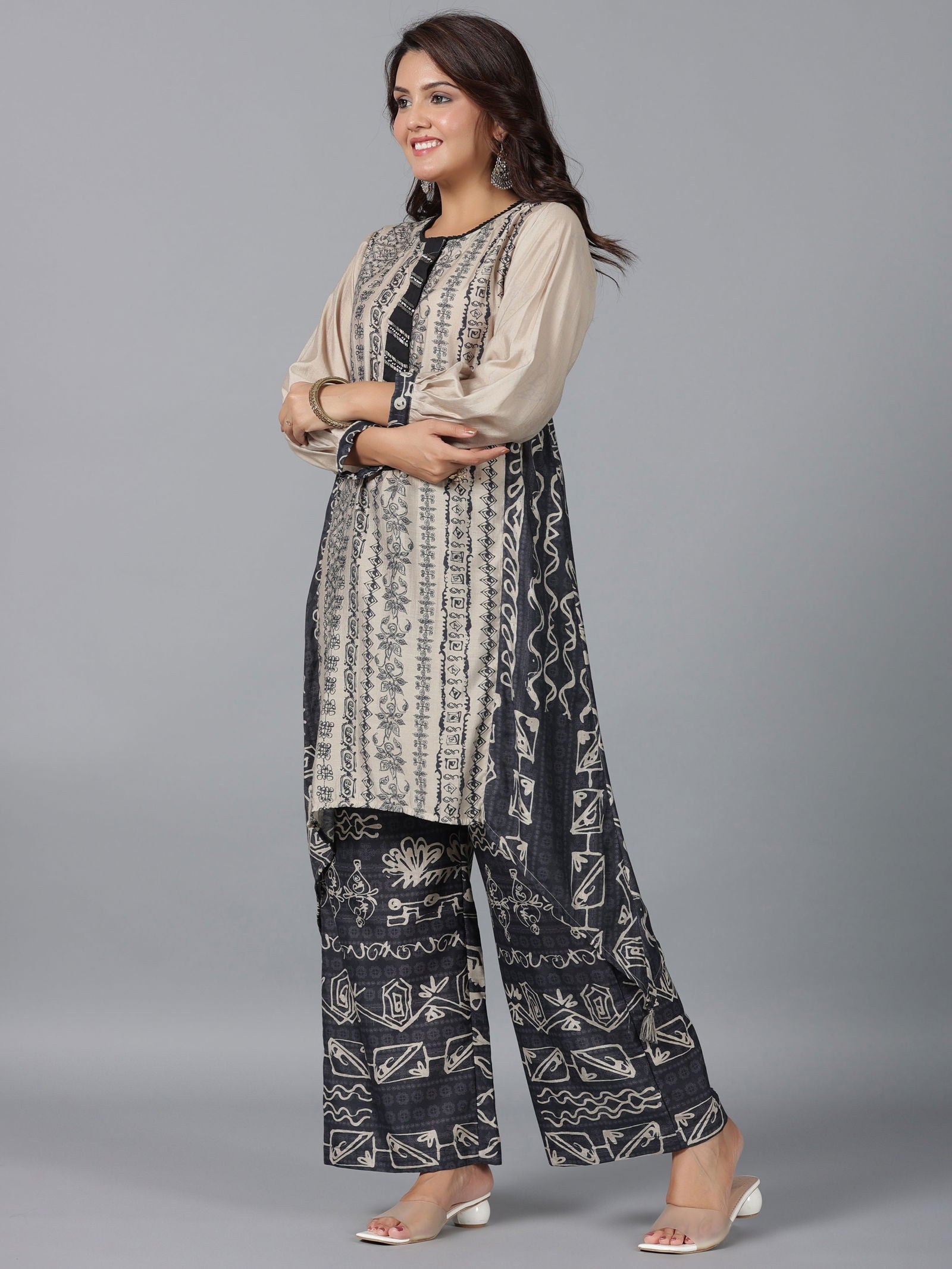 Juniper Beige Tribal Printed Muslin Kurta & Pants Set With Beads Work