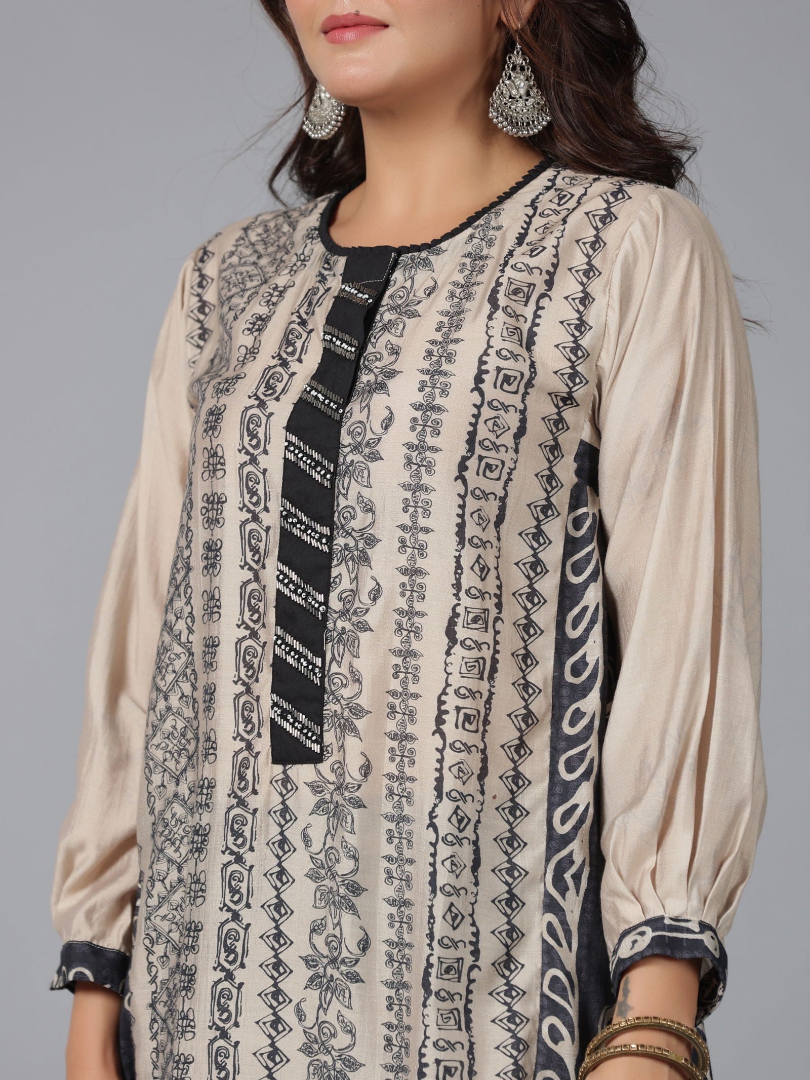 Juniper Beige Tribal Printed Muslin Kurta & Pants Set With Beads Work