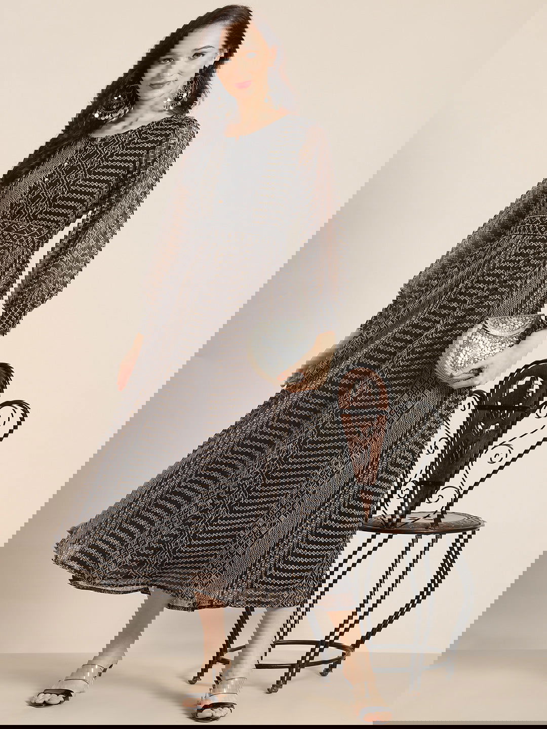 Juniper Black Abstract Printed Chiffon Flared Maxi Dress.