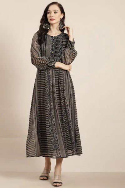 Juniper Black Abstract Printed Chiffon Flared Maxi Dress.