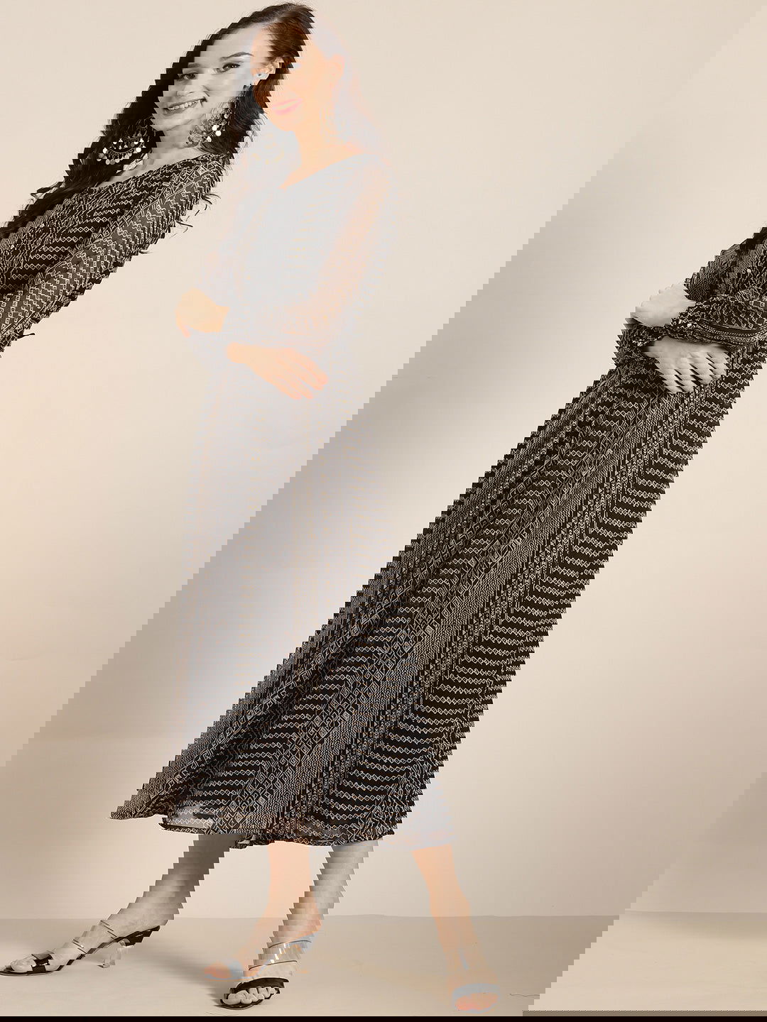 Juniper Black Abstract Printed Chiffon Flared Maxi Dress.