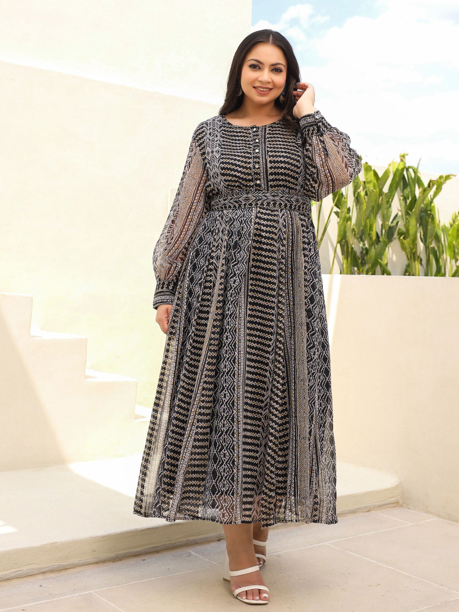 Juniper Black Abstract Printed Chiffon Flared Maxi Dress.
